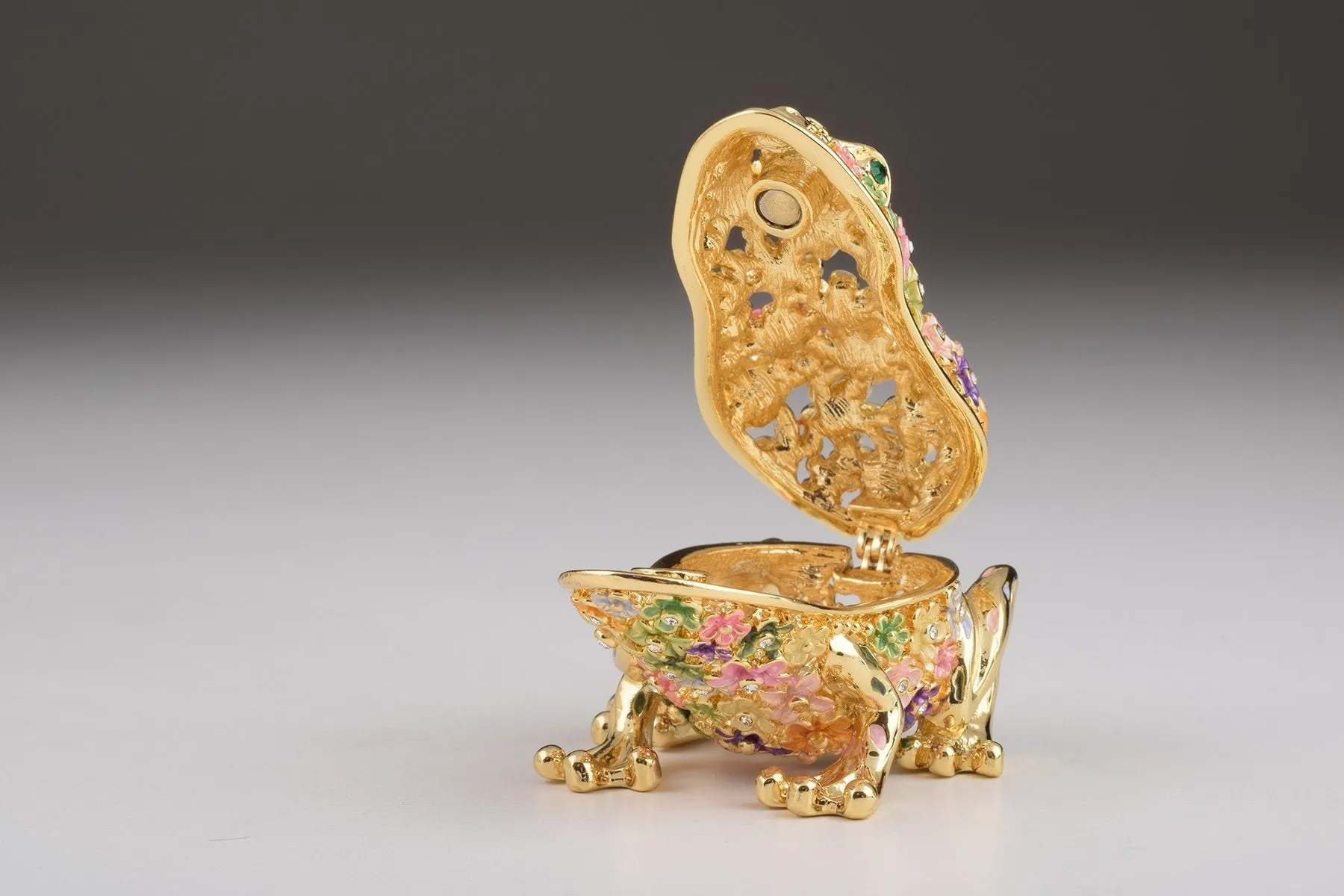 Gold Frog with Colorful Flowers Trinket Box