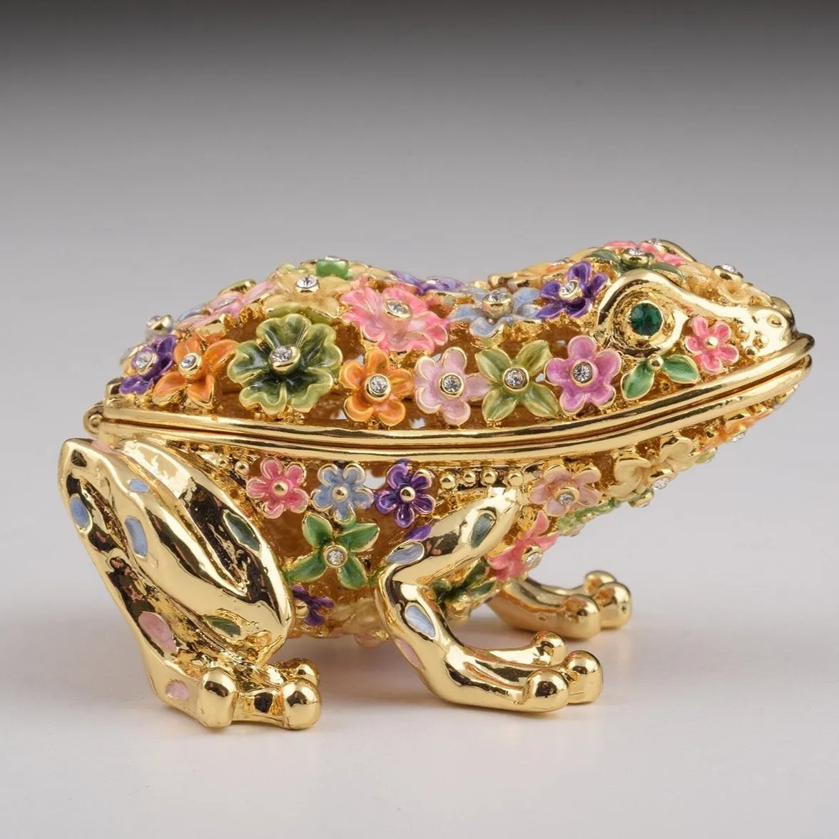 Gold Frog with Colorful Flowers Trinket Box