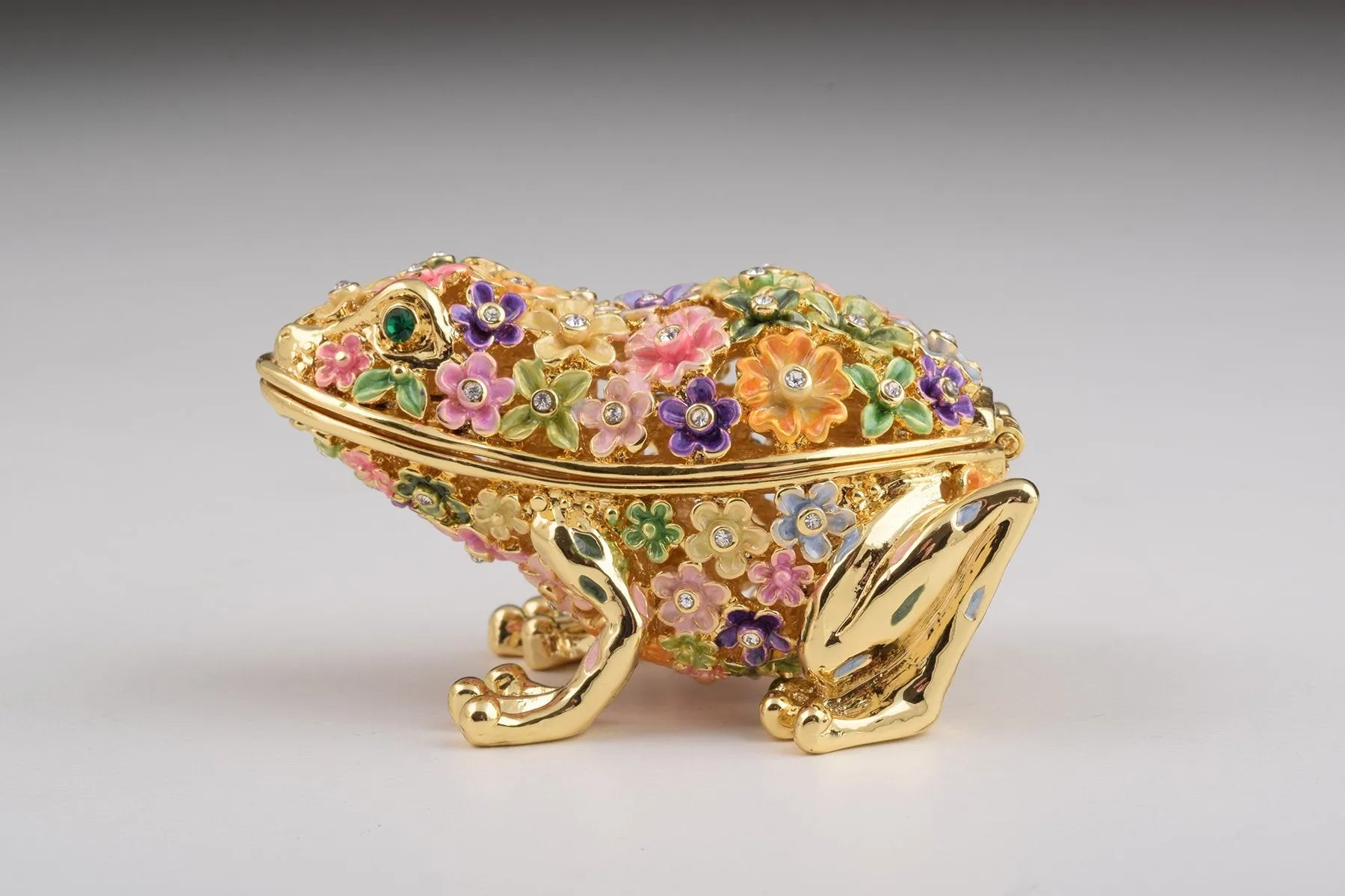Gold Frog with Colorful Flowers Trinket Box