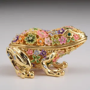 Gold Frog with Colorful Flowers Trinket Box