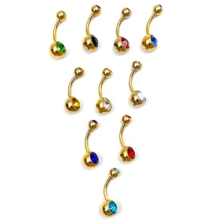 Gold stainless steel with colored gem belly ring, SKU# NBR004
