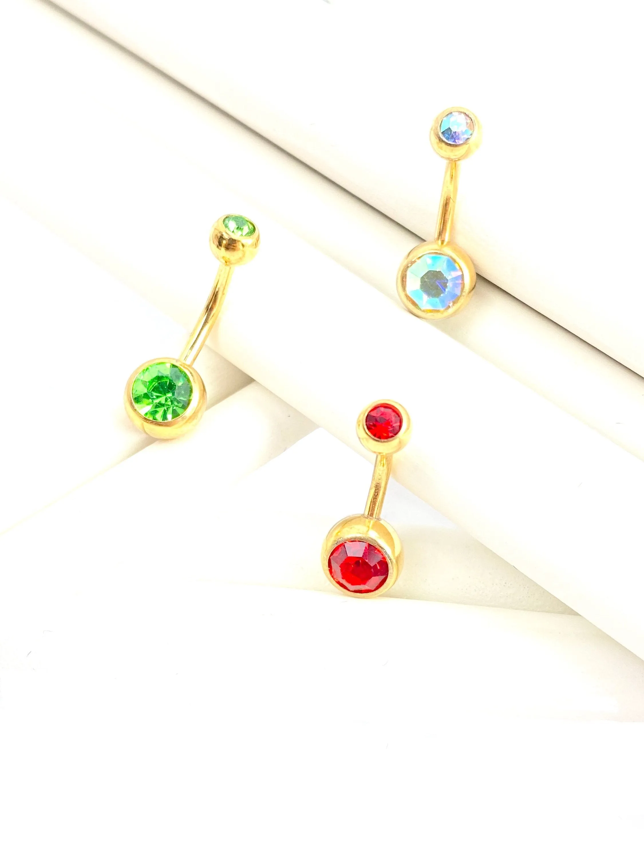 Gold stainless steel with colored gem belly ring, SKU# NBR004