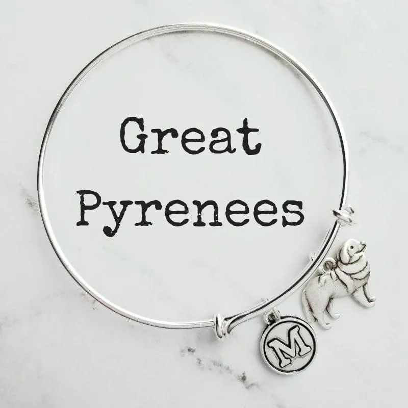 Great Pyrenees Dog Bracelet - personalized small letter charm/pet on simple silver wire double loop adjustable bangle - custom initial