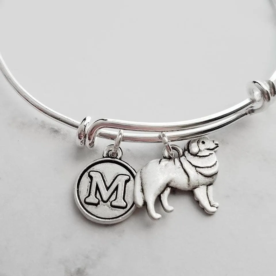 Great Pyrenees Dog Bracelet - personalized small letter charm/pet on simple silver wire double loop adjustable bangle - custom initial