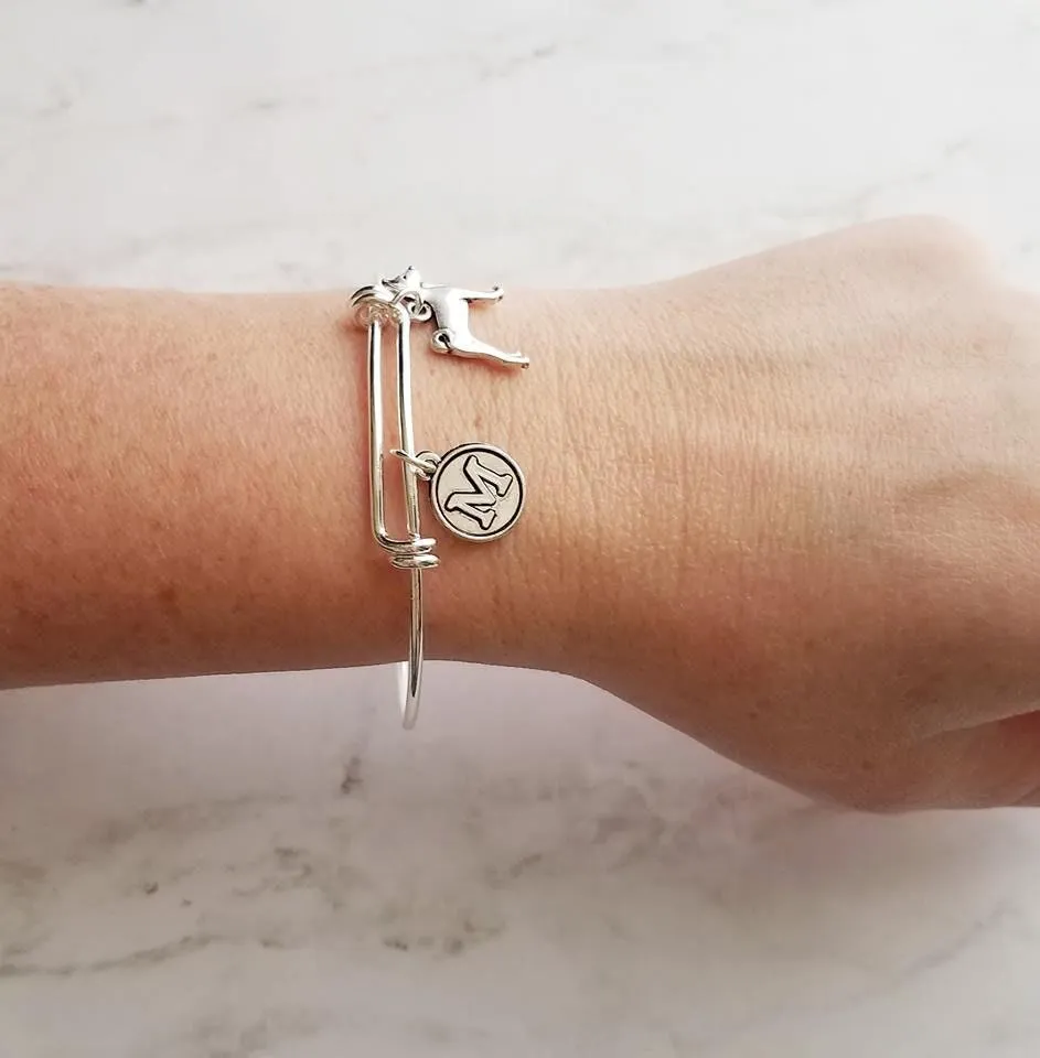 Great Pyrenees Dog Bracelet - personalized small letter charm/pet on simple silver wire double loop adjustable bangle - custom initial