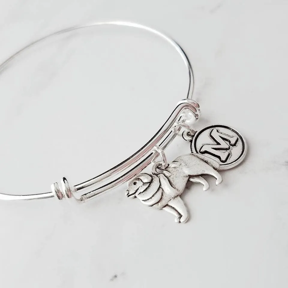 Great Pyrenees Dog Bracelet - personalized small letter charm/pet on simple silver wire double loop adjustable bangle - custom initial