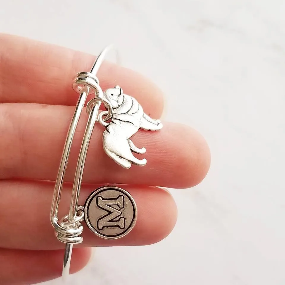 Great Pyrenees Dog Bracelet - personalized small letter charm/pet on simple silver wire double loop adjustable bangle - custom initial