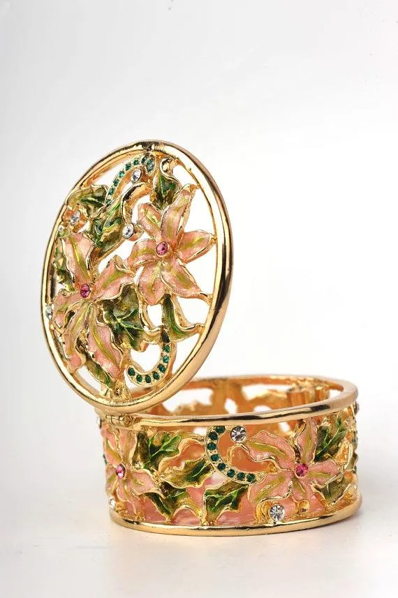 Green & Pink Flowers Trinket Box