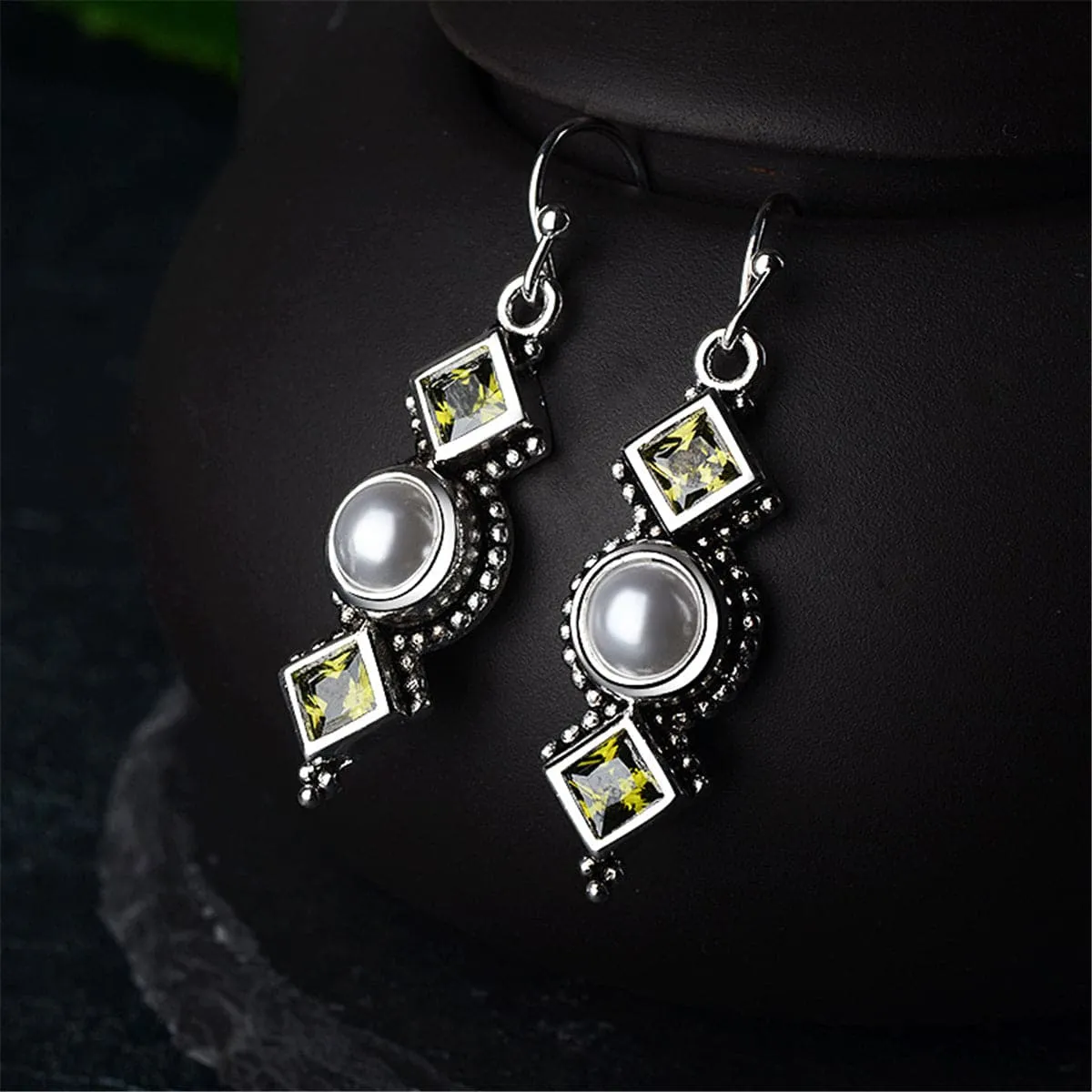 Green Crystal & Pearl Square Drop Earrings