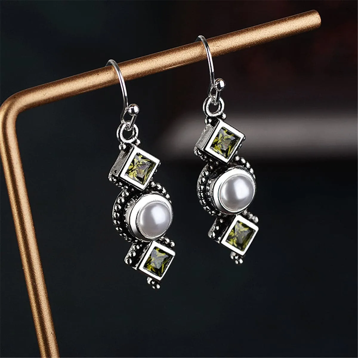Green Crystal & Pearl Square Drop Earrings
