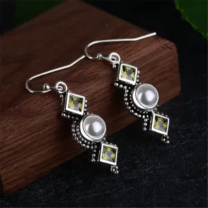 Green Crystal & Pearl Square Drop Earrings
