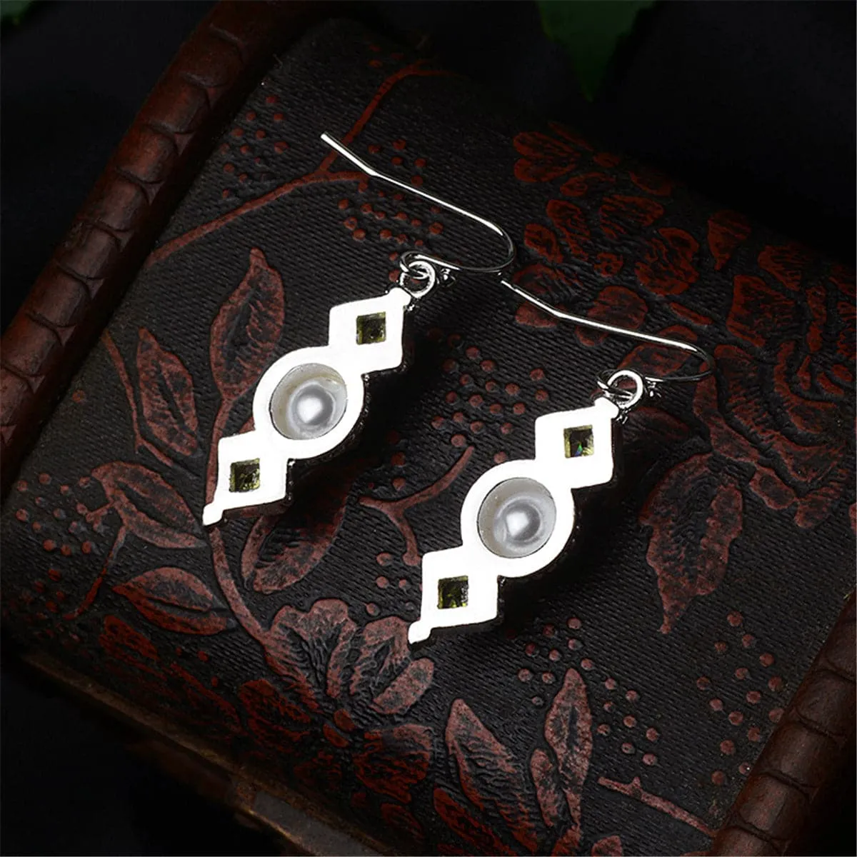Green Crystal & Pearl Square Drop Earrings