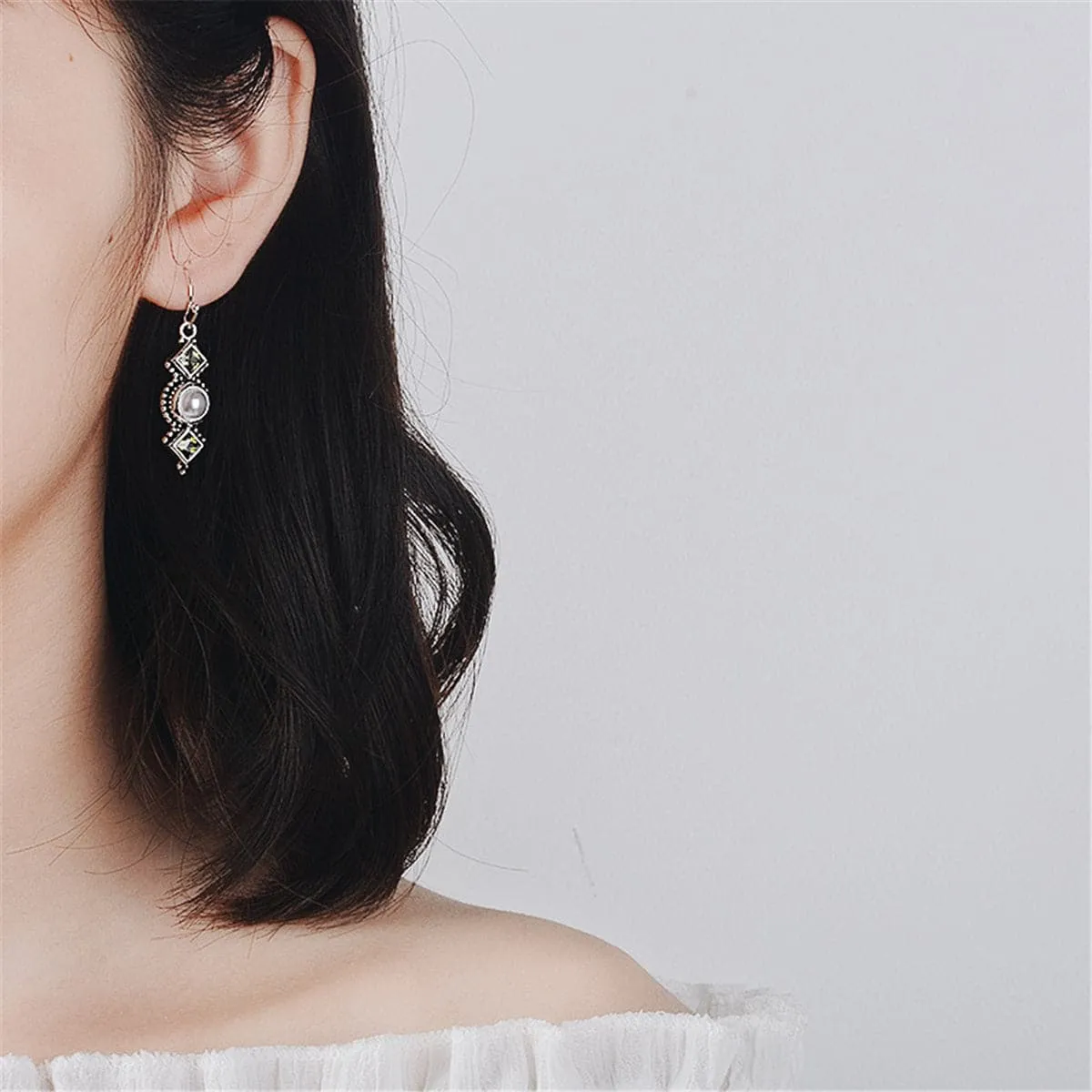 Green Crystal & Pearl Square Drop Earrings