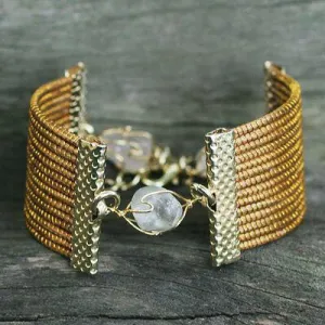 Handcrafted Golden Grass & Quartz Wristband Bracelet