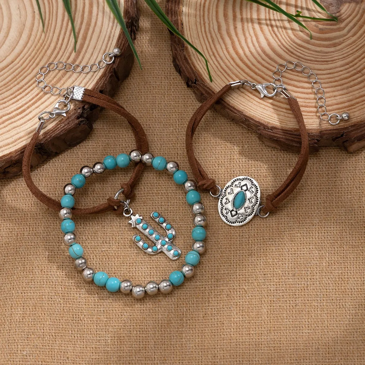 Hippie 3Pcs Turquoise Inlaid Cactus Carved Pattern Charm Velvet Bracelet Set