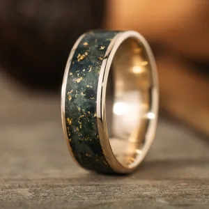 (In-Stock) The Shenandoah - Wide Channel | Men's 10k Gold Moss Agate Wedding Band with Gold Flakes - Size 11.25 | 8mm Wide