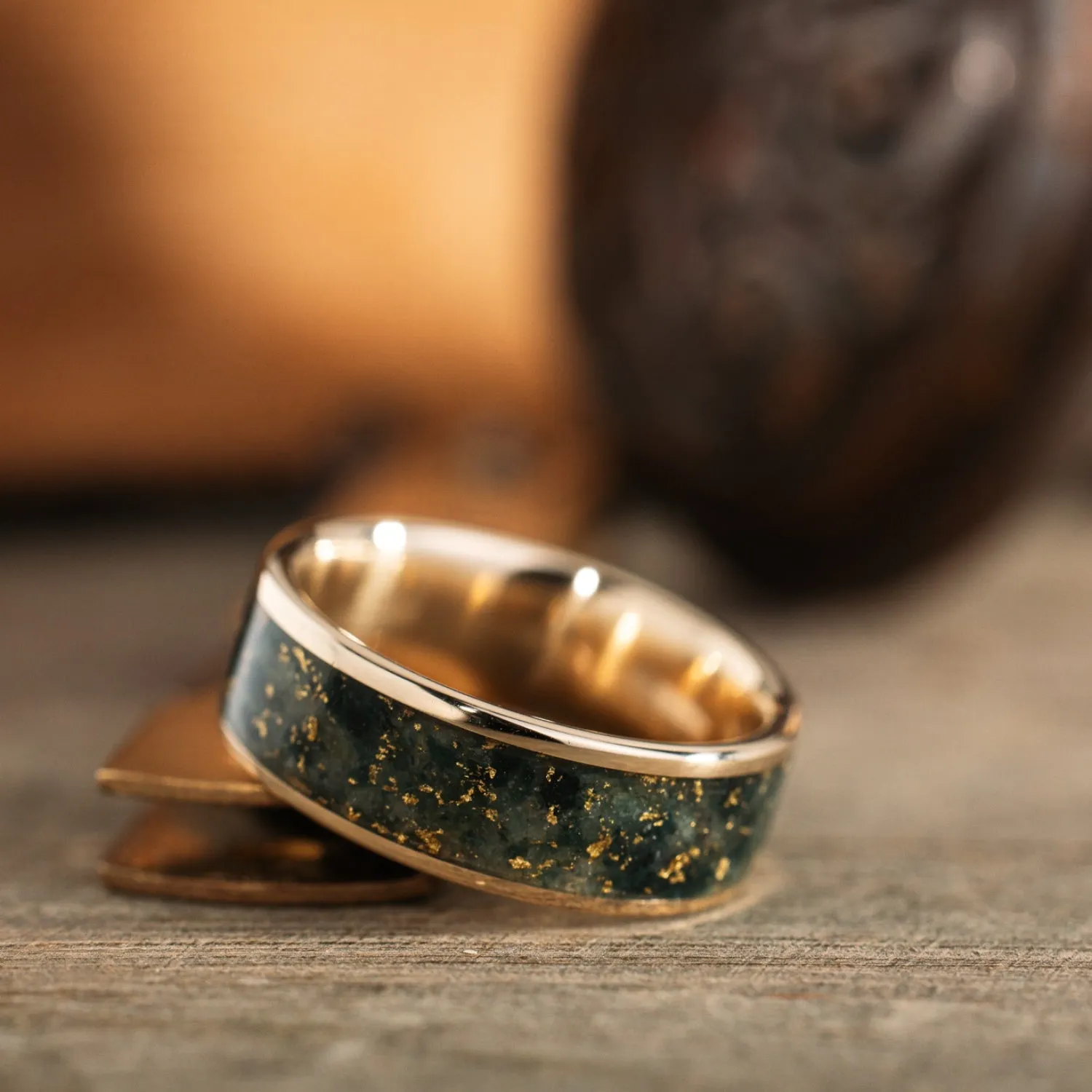 (In-Stock) The Shenandoah - Wide Channel | Men's 10k Gold Moss Agate Wedding Band with Gold Flakes - Size 11.25 | 8mm Wide