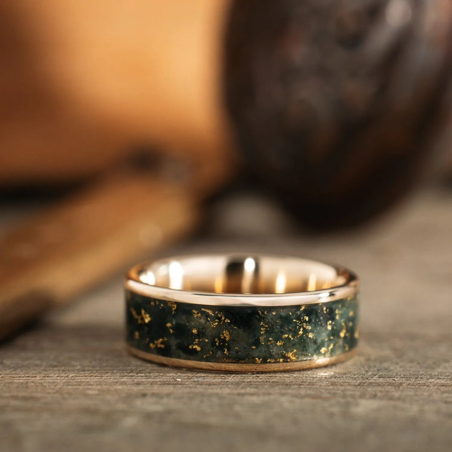 (In-Stock) The Shenandoah - Wide Channel | Men's 10k Gold Moss Agate Wedding Band with Gold Flakes - Size 11.25 | 8mm Wide