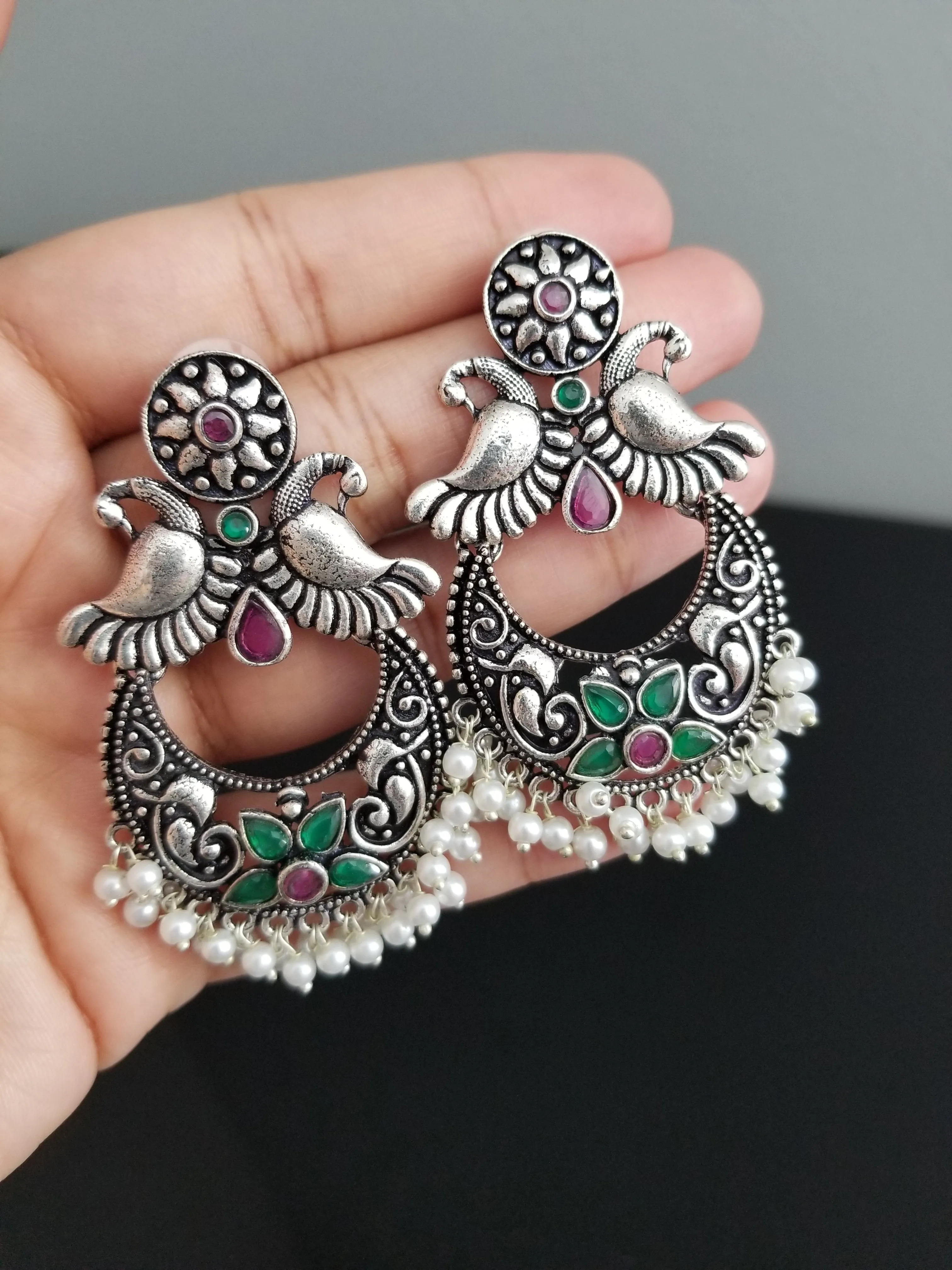 Indo Western Peacock Earring With Oxidised Plating