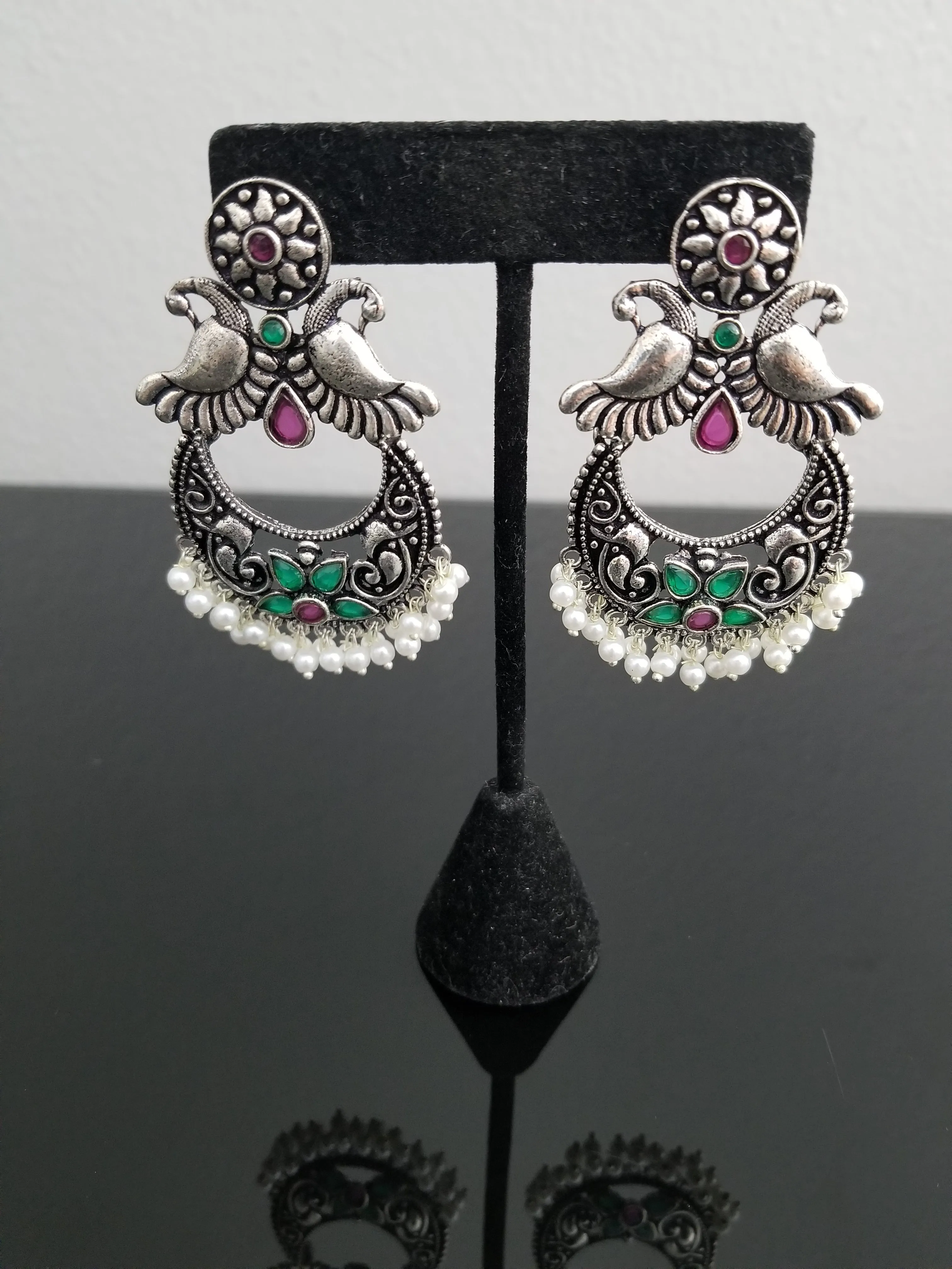 Indo Western Peacock Earring With Oxidised Plating