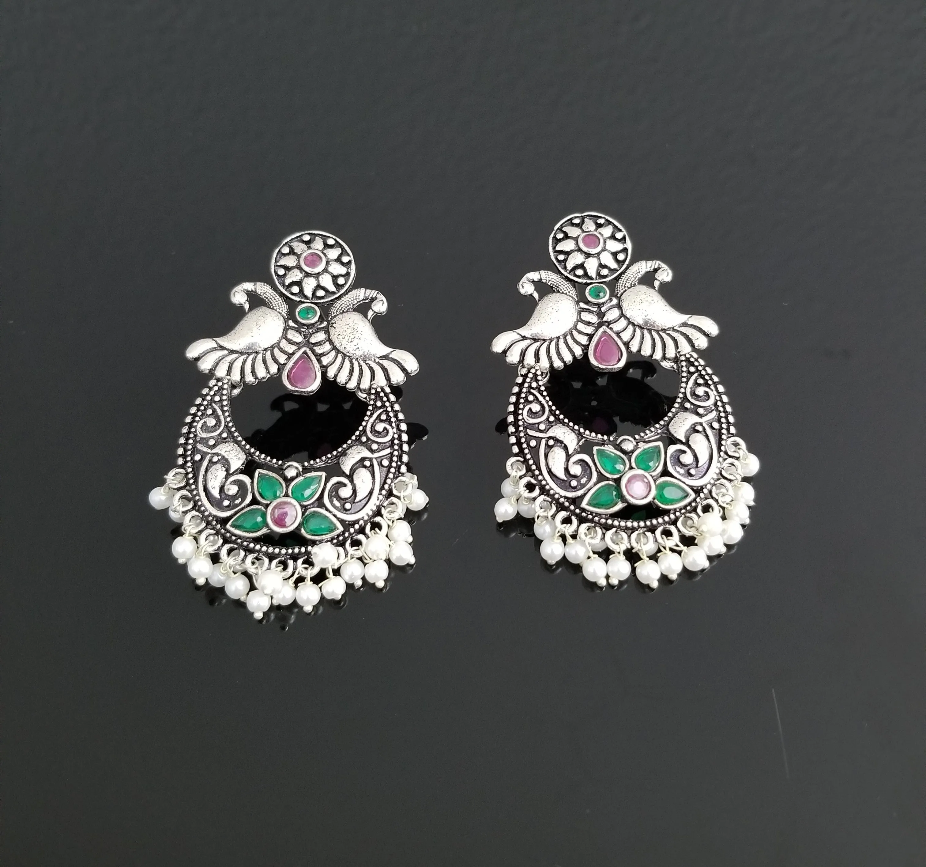 Indo Western Peacock Earring With Oxidised Plating