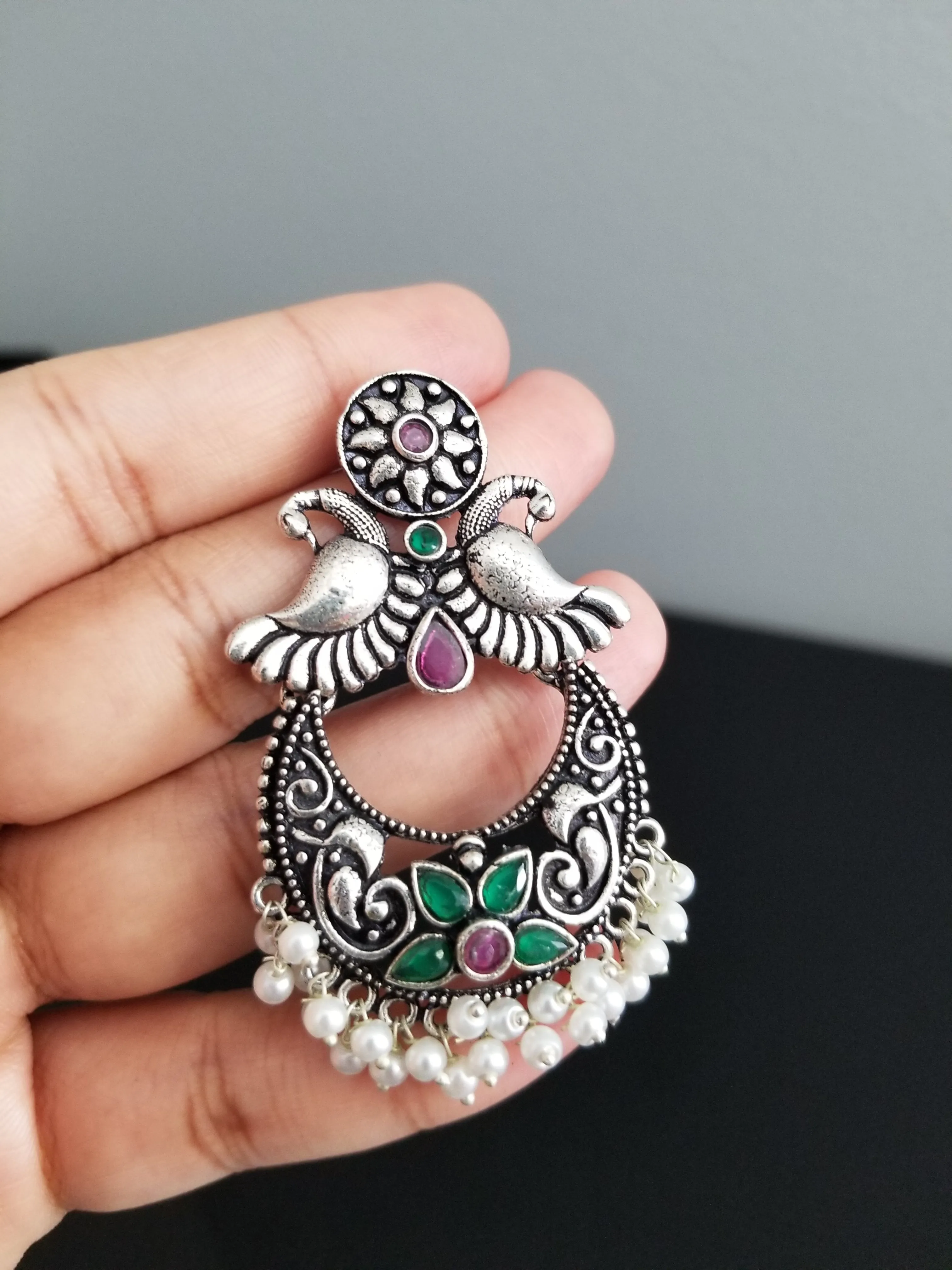 Indo Western Peacock Earring With Oxidised Plating
