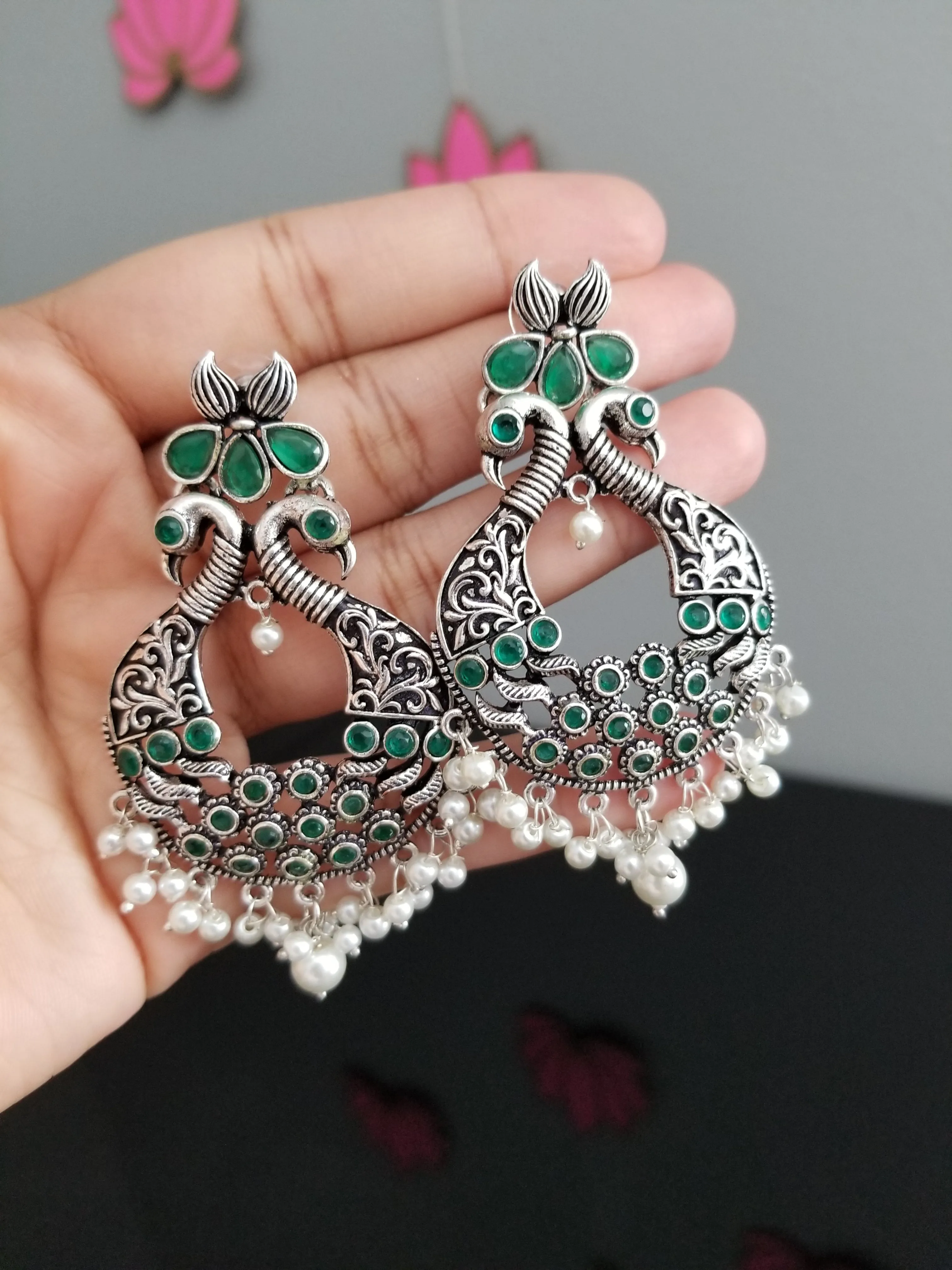 Indo Western Peacock Earring With Oxidised Plating