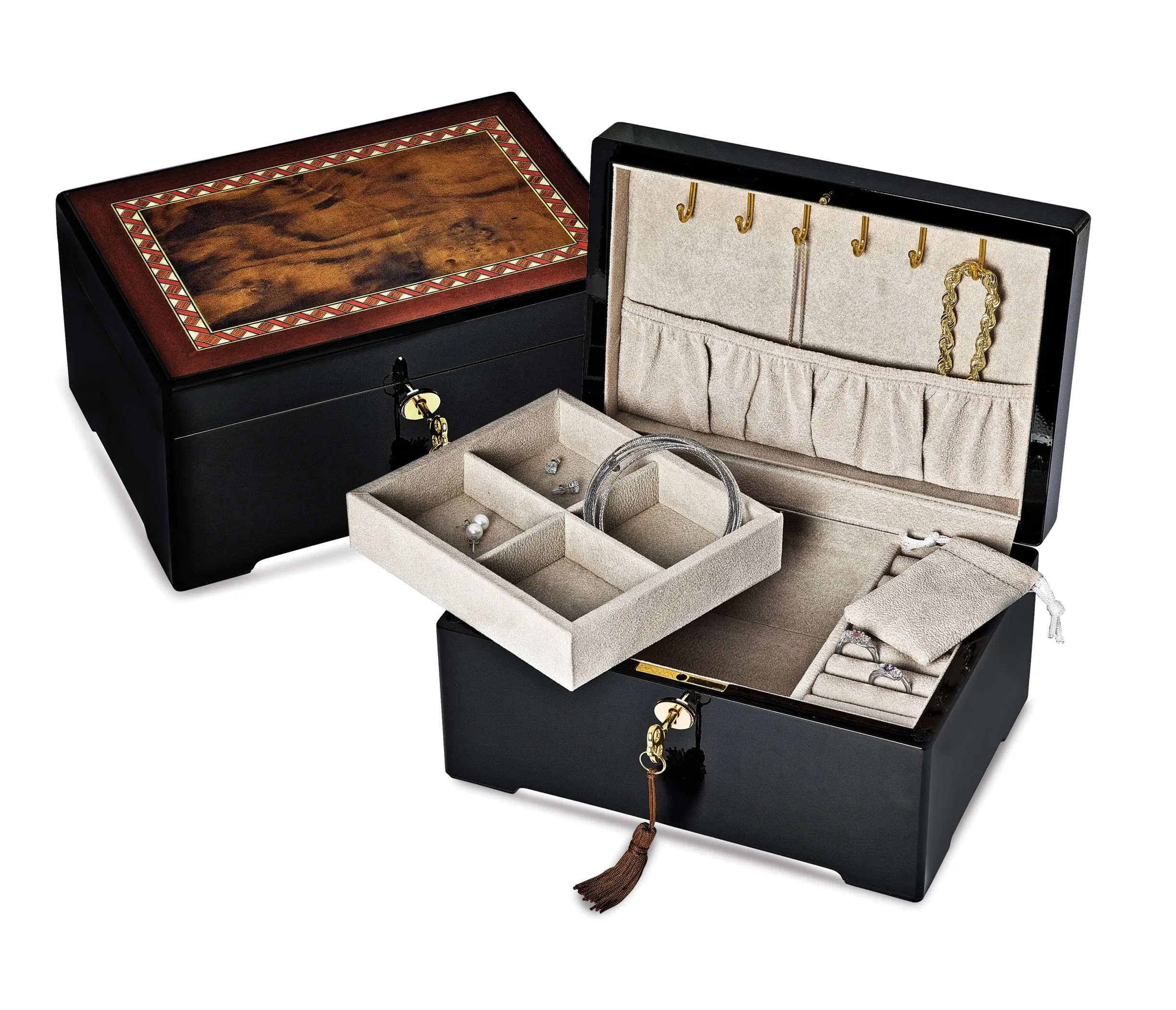 Italian Inlaid Wood lock and key Jewelry Box