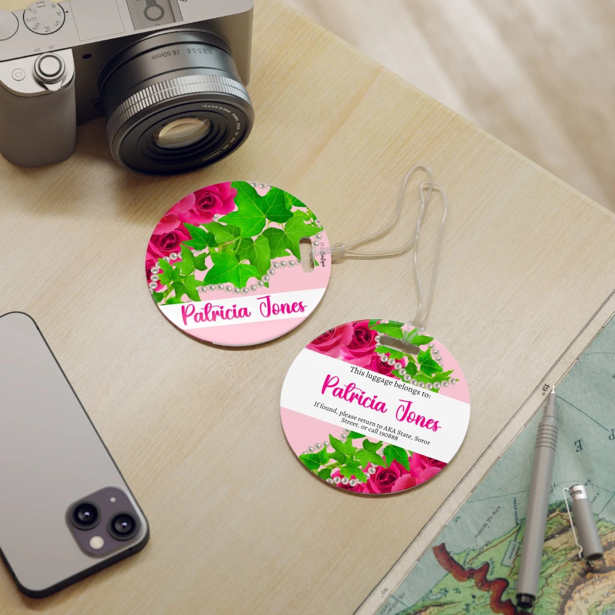 Ivy and Pearls Pink and Green Luggage Tag