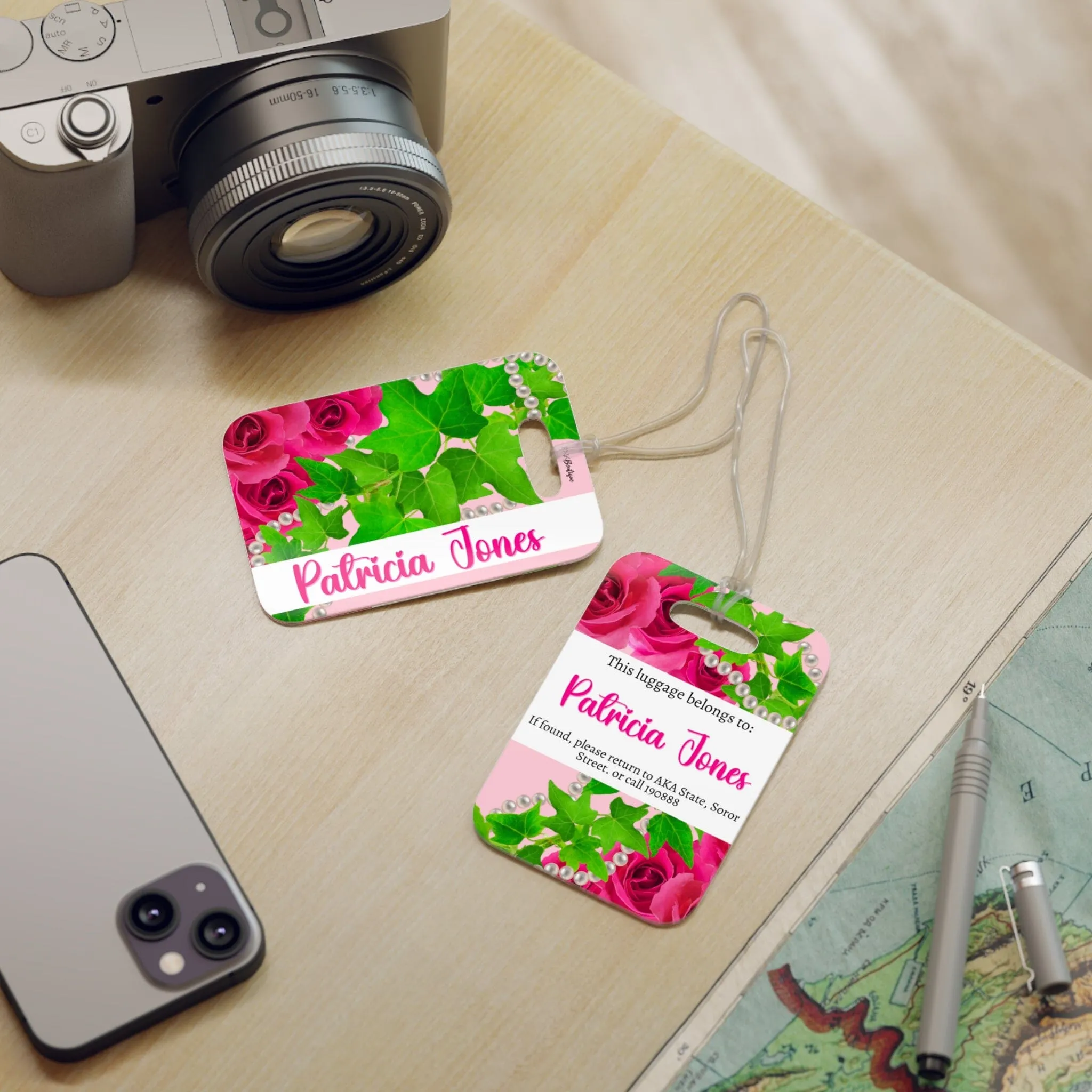 Ivy and Pearls Pink and Green Luggage Tag