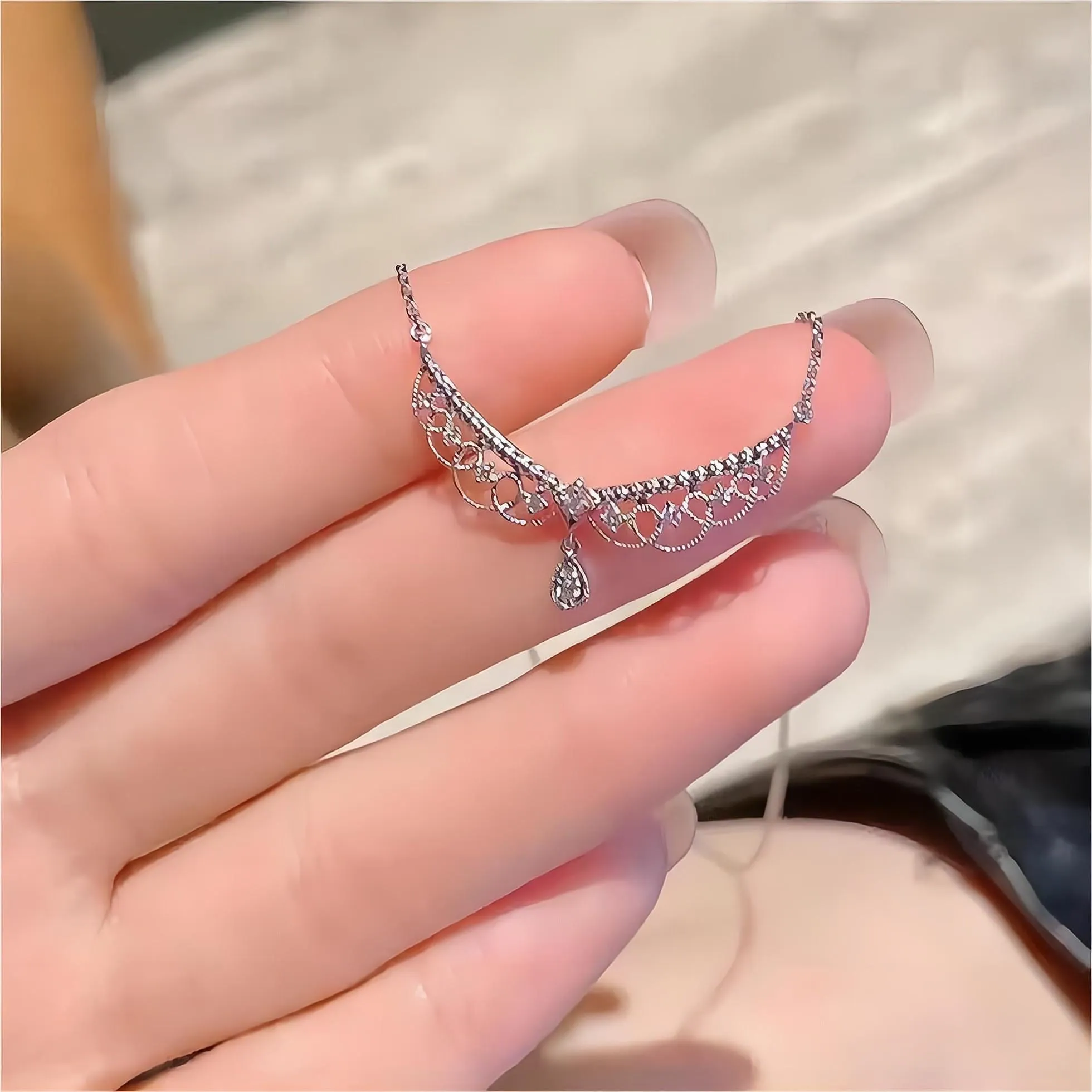 Lace Hollowed-out Pattern Cubic Zirconia Inlaid Chain Necklace