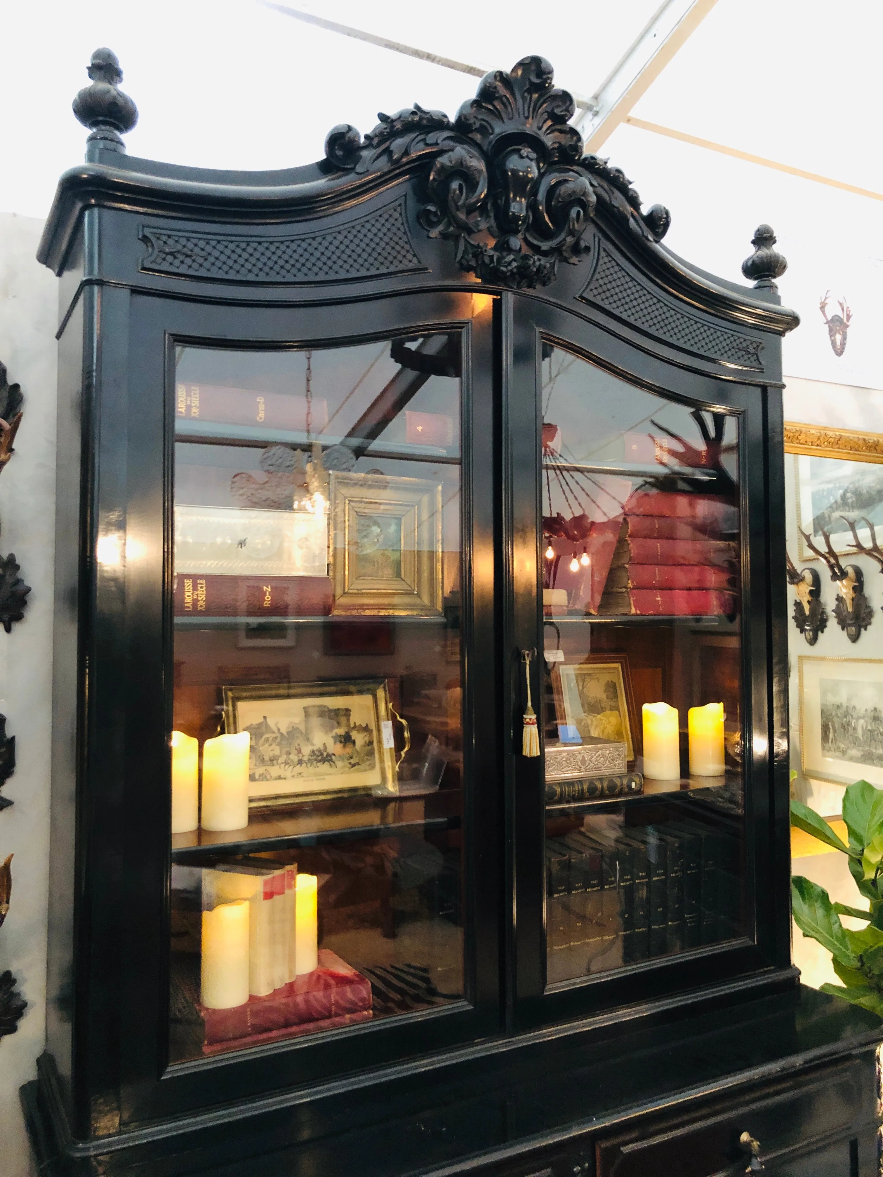 Large Antique Belgian Ebonized Wood Deux Corps Bookshelf