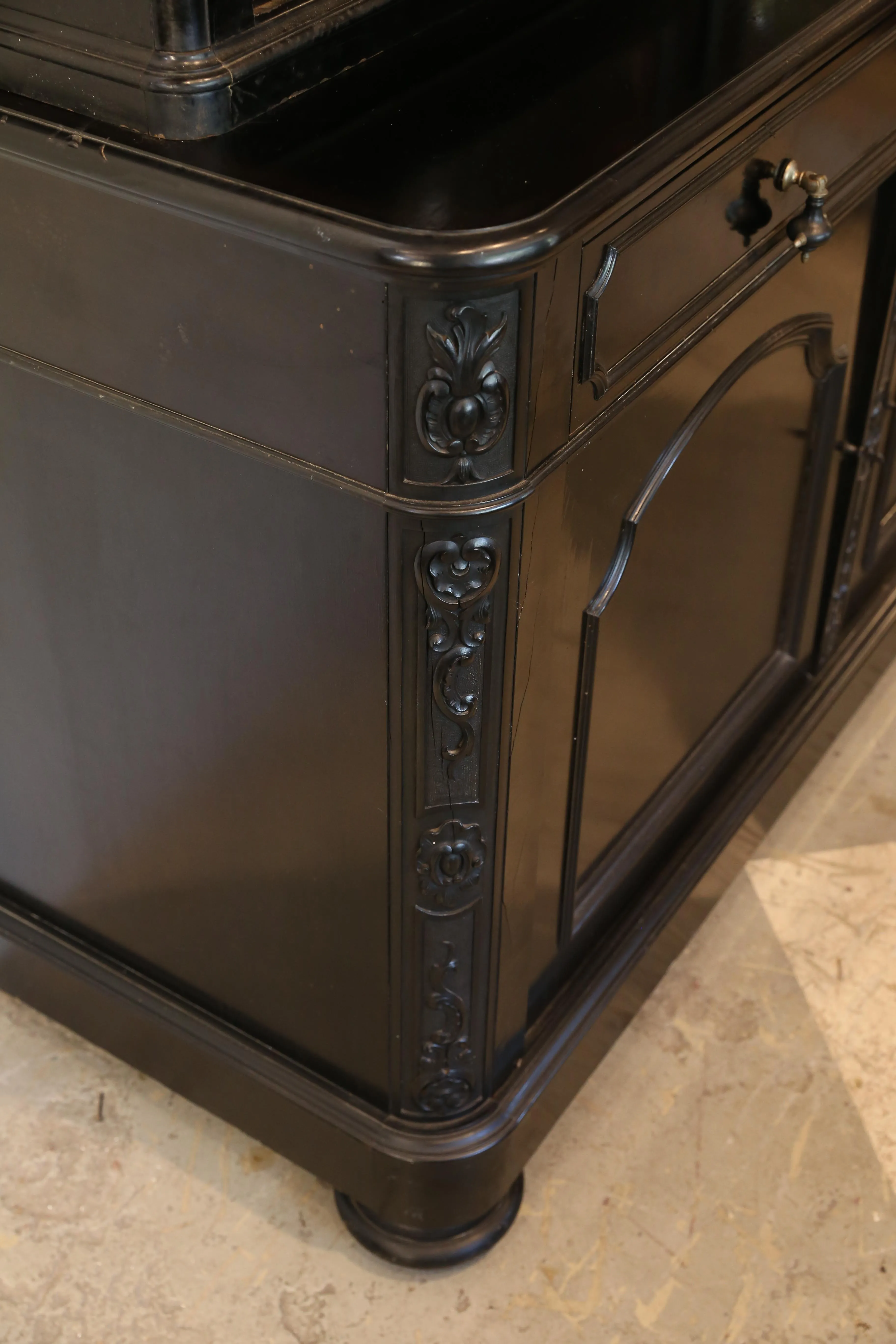 Large Antique Belgian Ebonized Wood Deux Corps Bookshelf