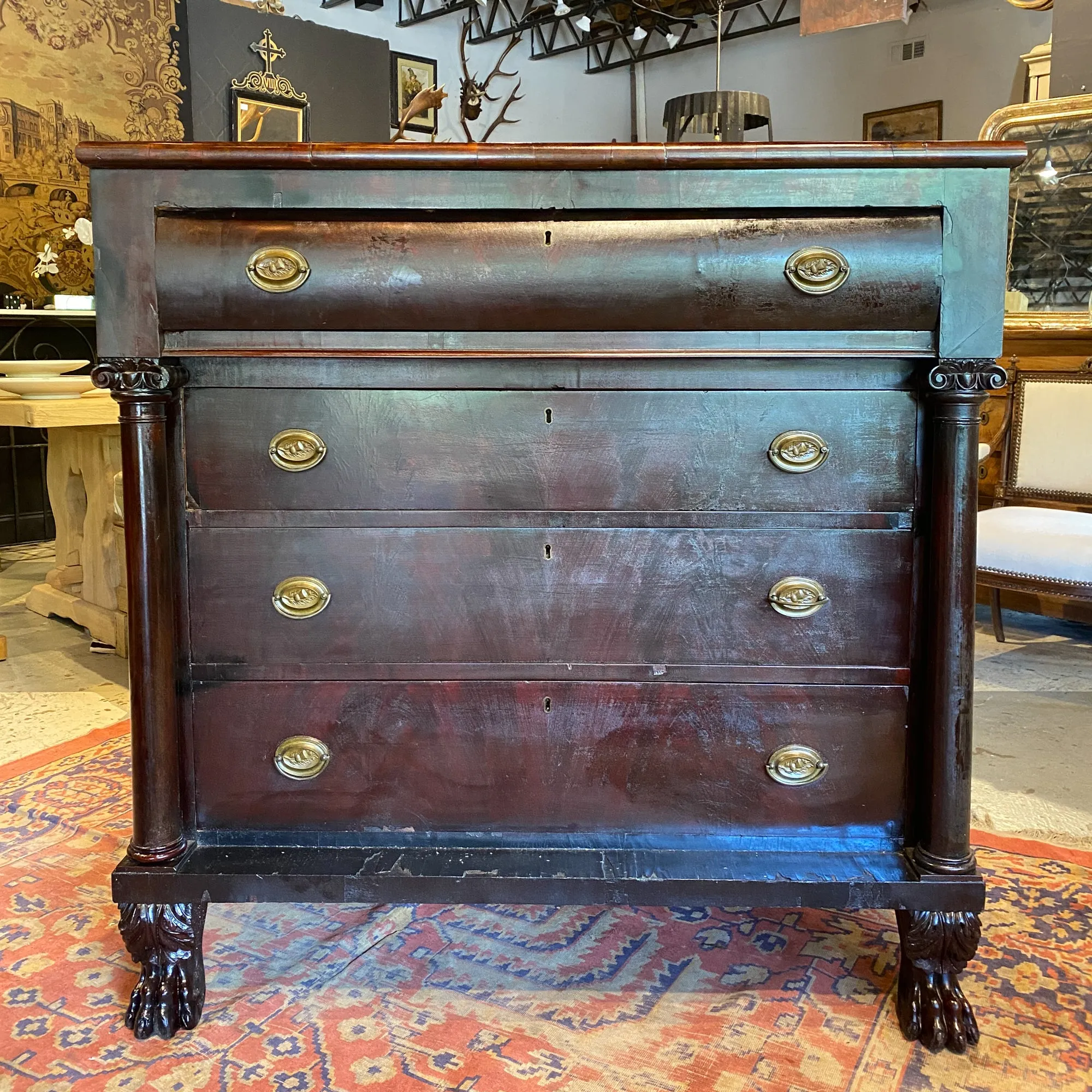 Large Empire Carved Chest of Drawers with Paw Feet and Brass Hardware