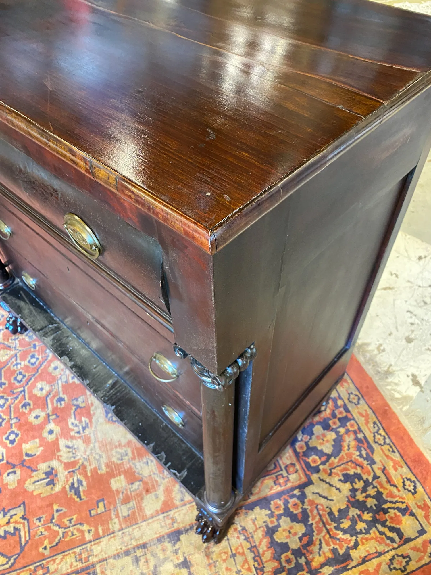 Large Empire Carved Chest of Drawers with Paw Feet and Brass Hardware