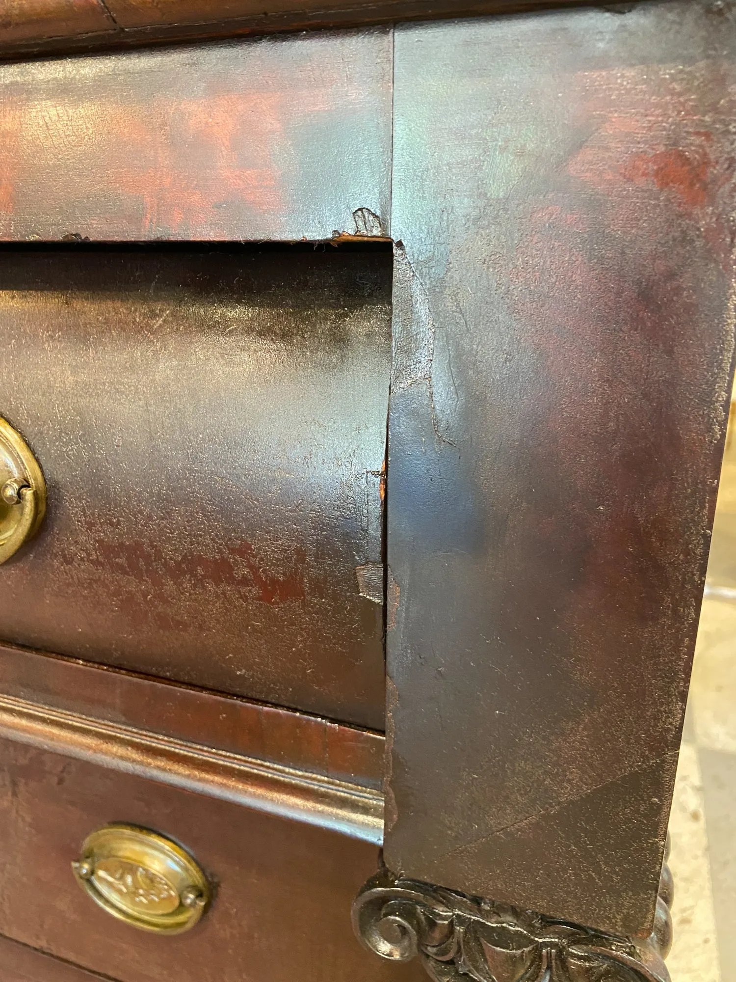 Large Empire Carved Chest of Drawers with Paw Feet and Brass Hardware
