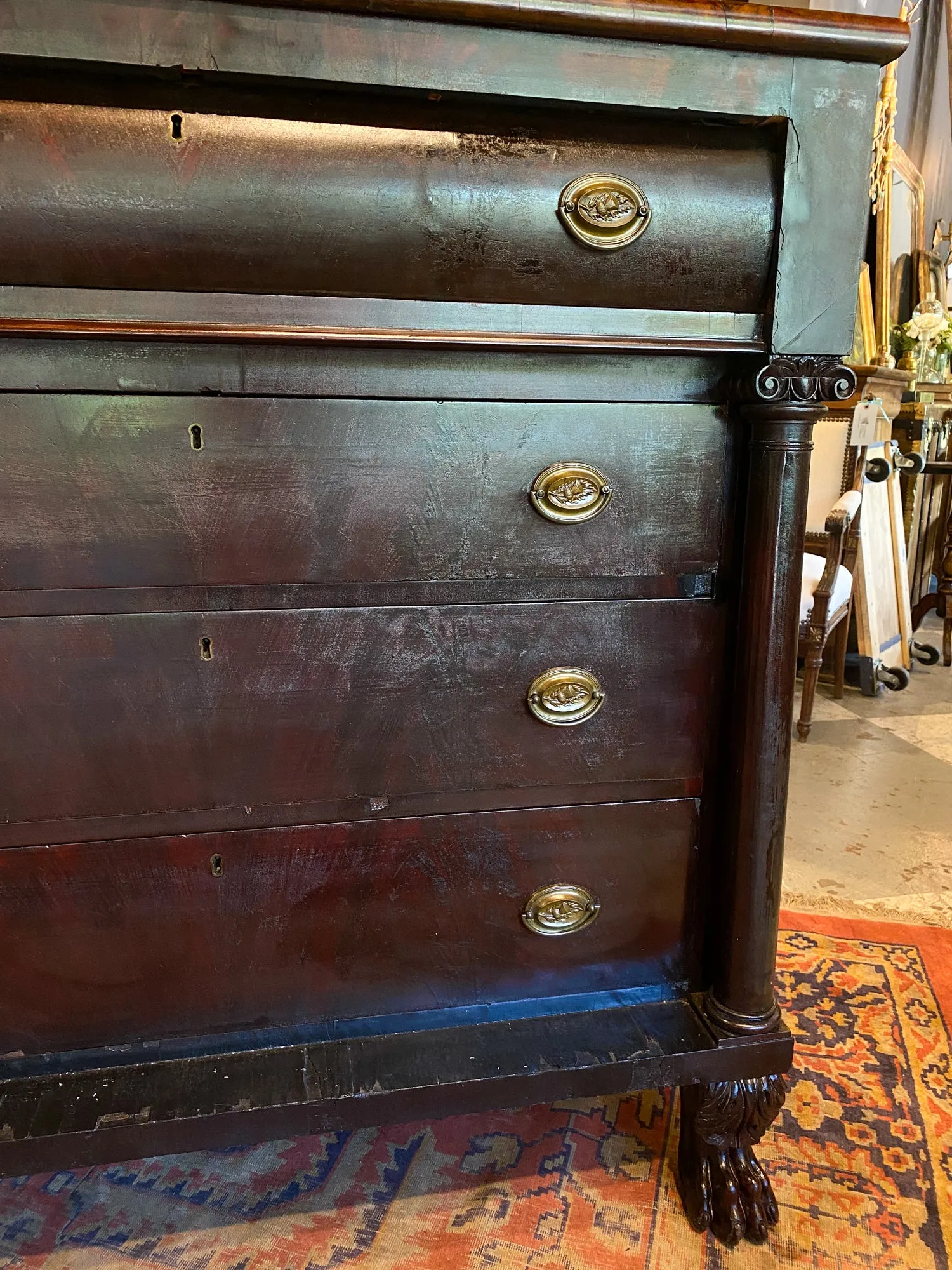 Large Empire Carved Chest of Drawers with Paw Feet and Brass Hardware