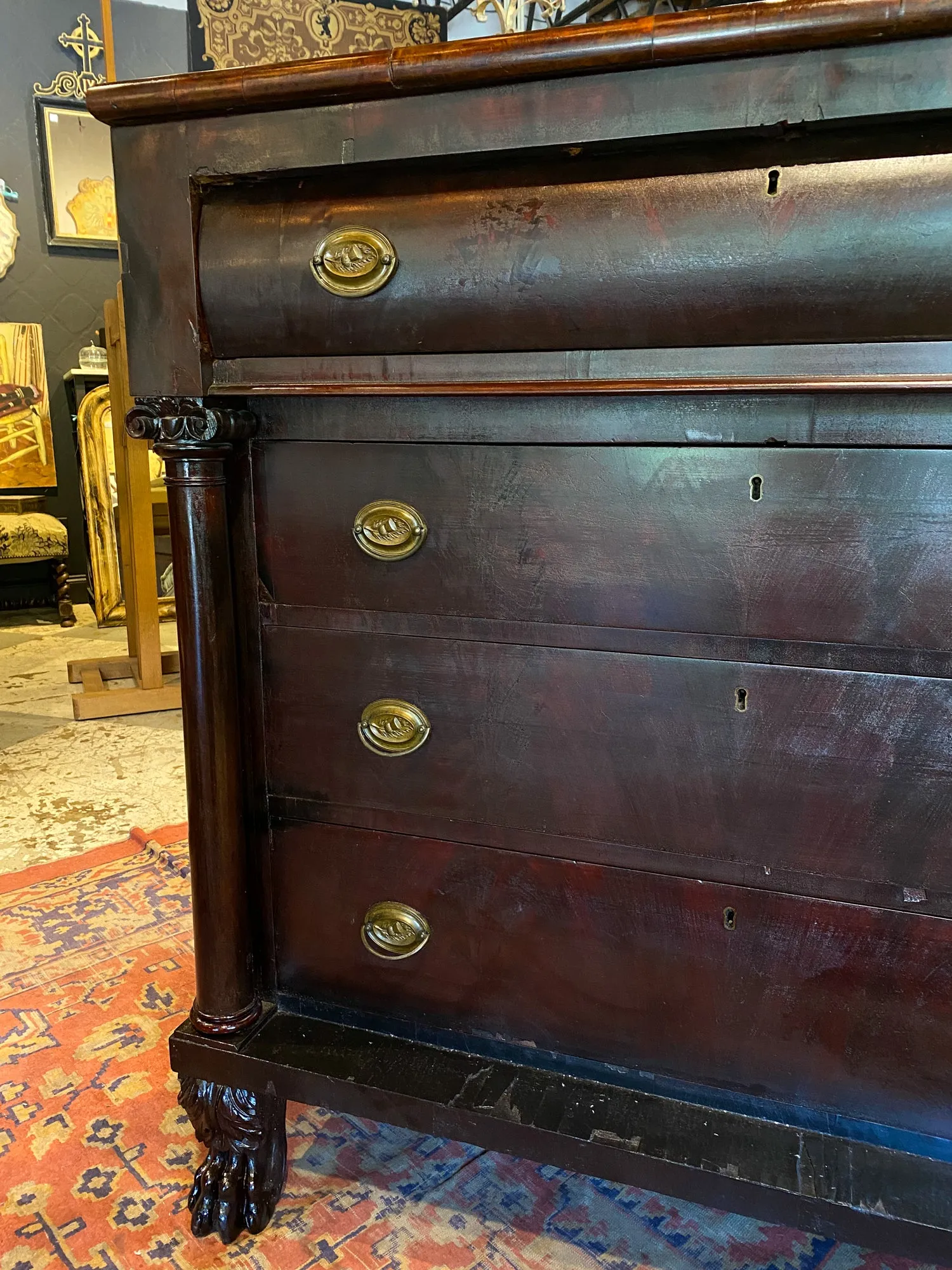 Large Empire Carved Chest of Drawers with Paw Feet and Brass Hardware