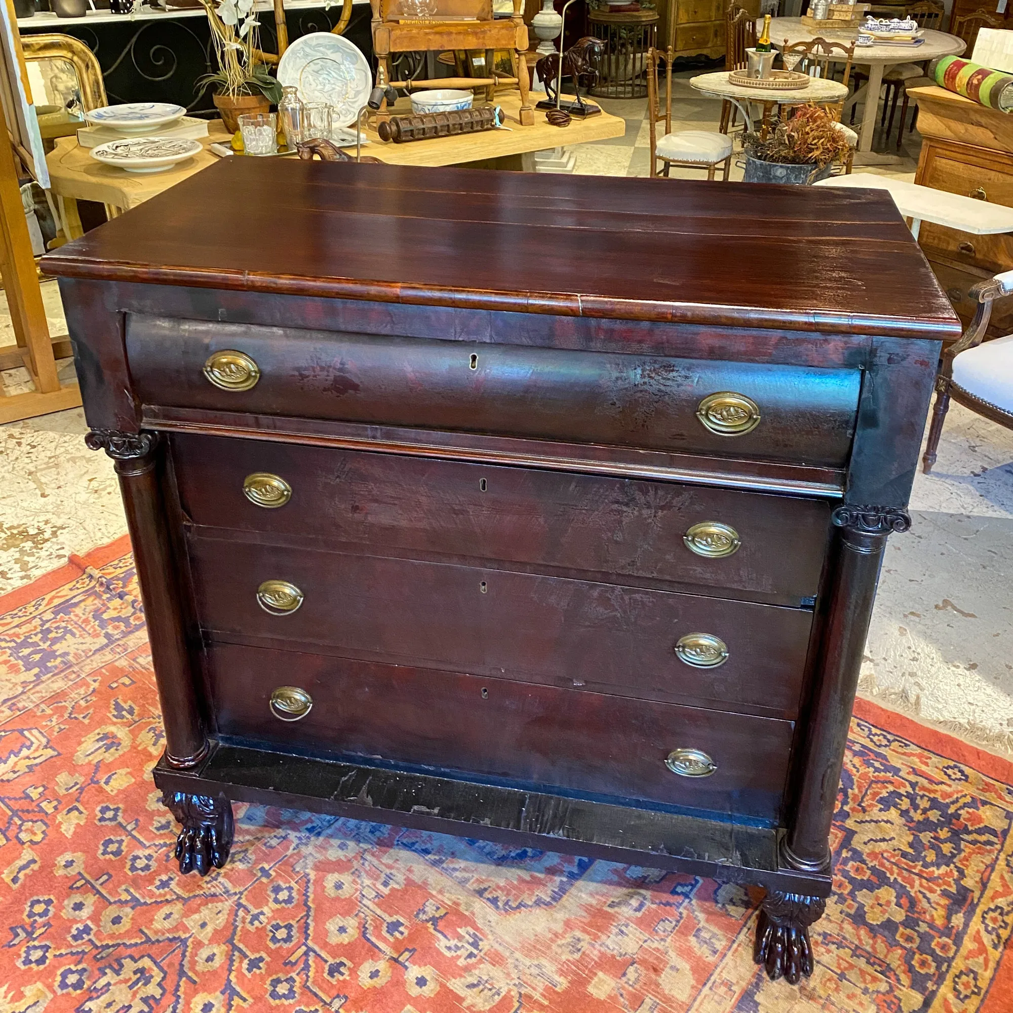 Large Empire Carved Chest of Drawers with Paw Feet and Brass Hardware
