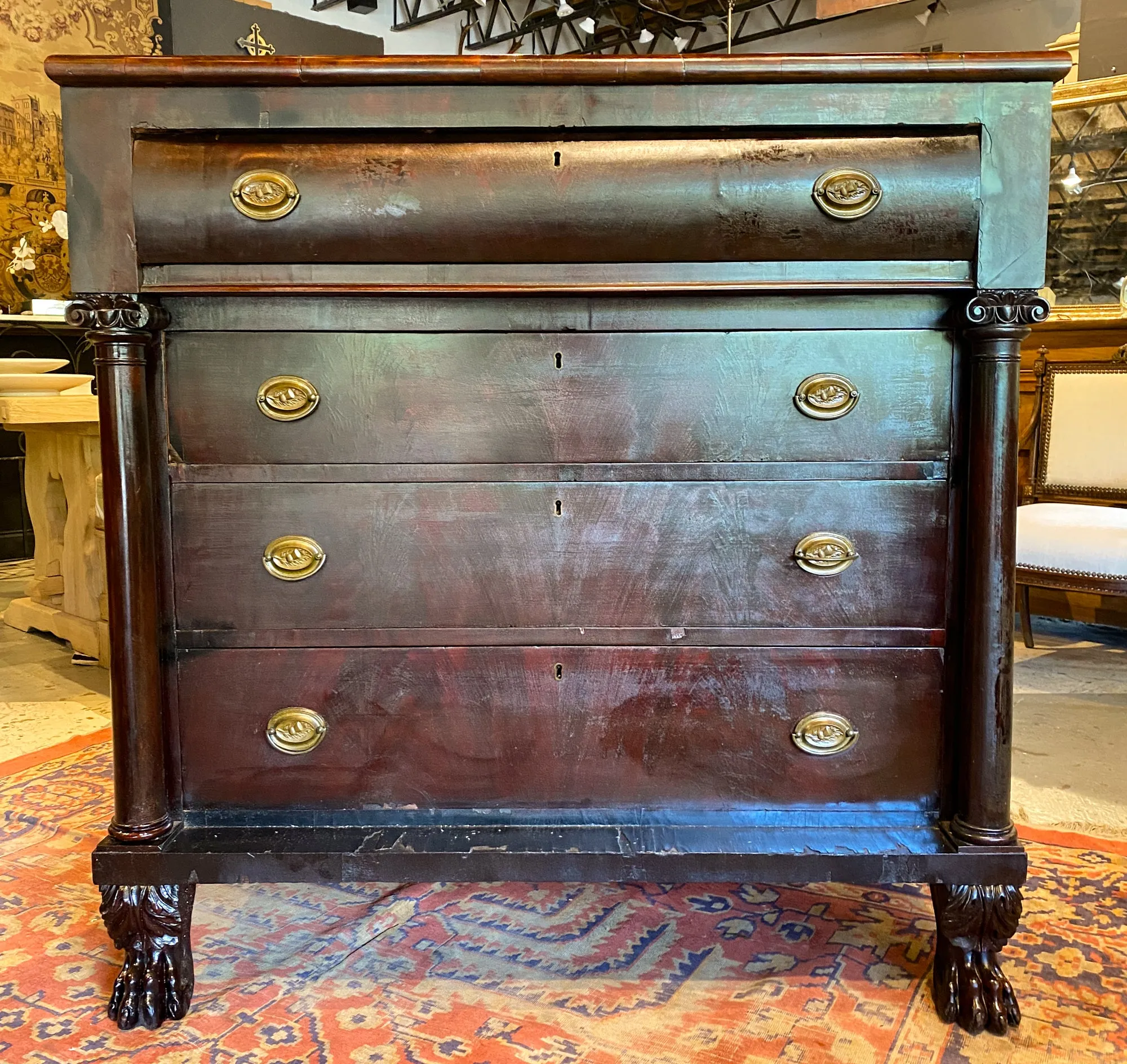 Large Empire Carved Chest of Drawers with Paw Feet and Brass Hardware