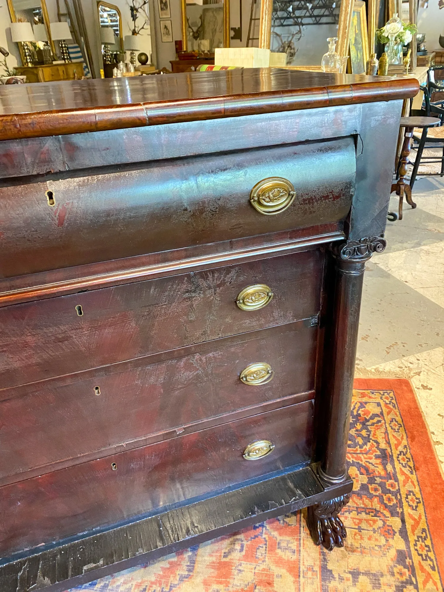 Large Empire Carved Chest of Drawers with Paw Feet and Brass Hardware