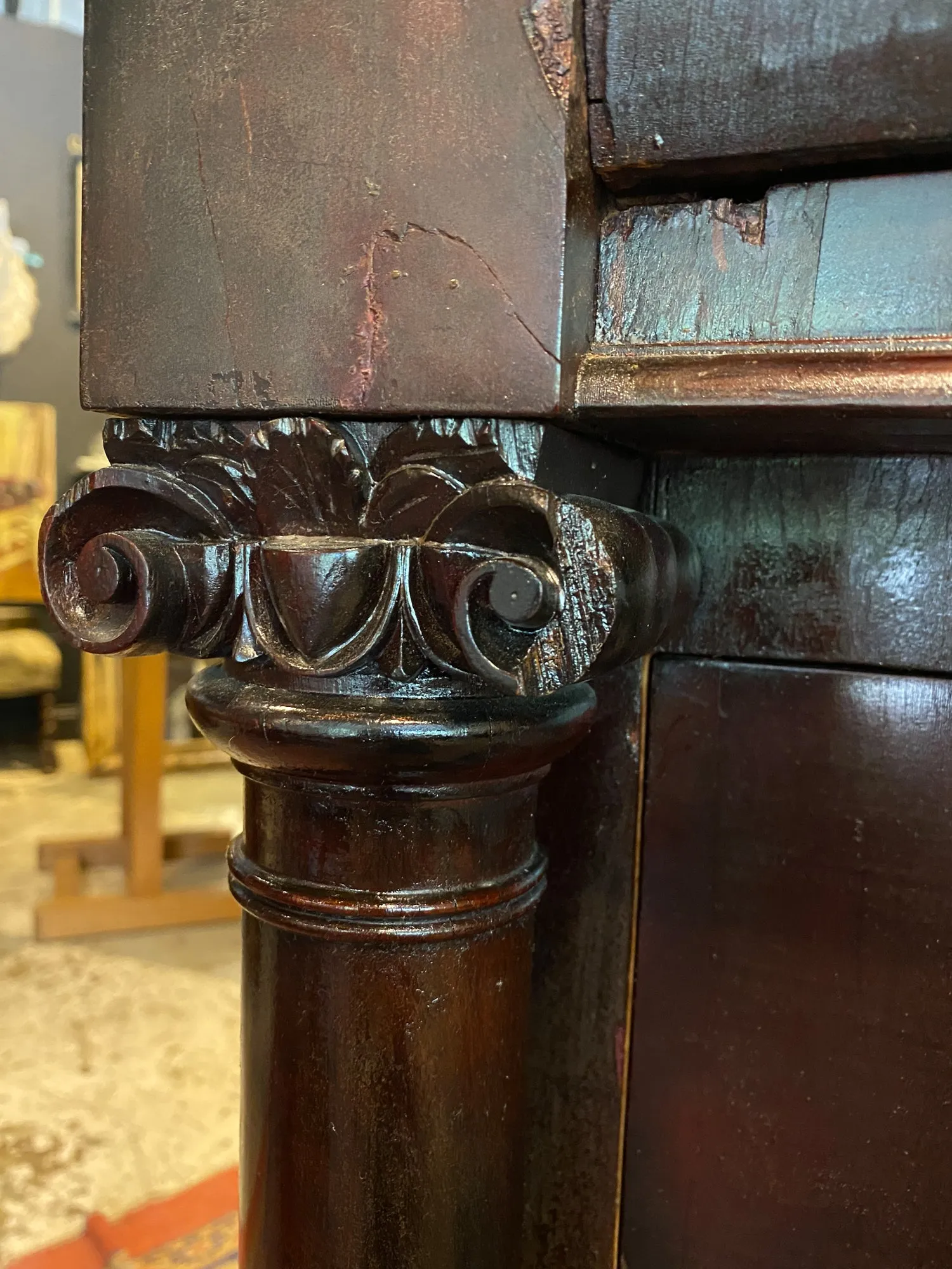 Large Empire Carved Chest of Drawers with Paw Feet and Brass Hardware