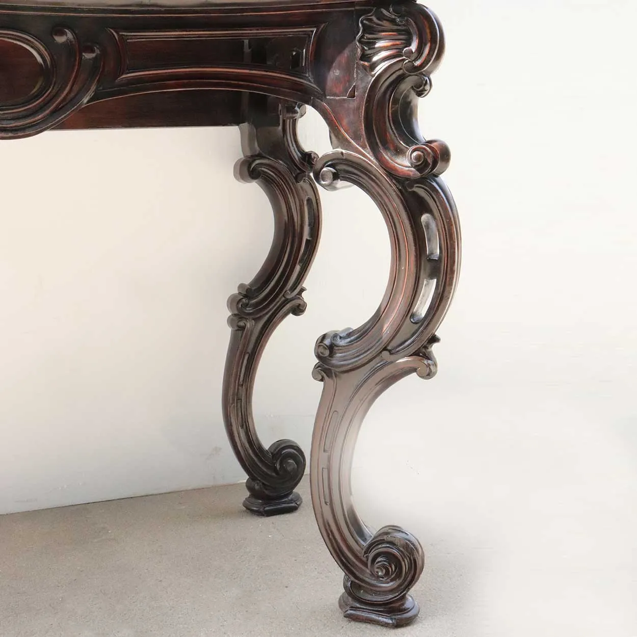 Large Pair of Anglo Indian Rococo Style Marble Top Mahogany Console Tables