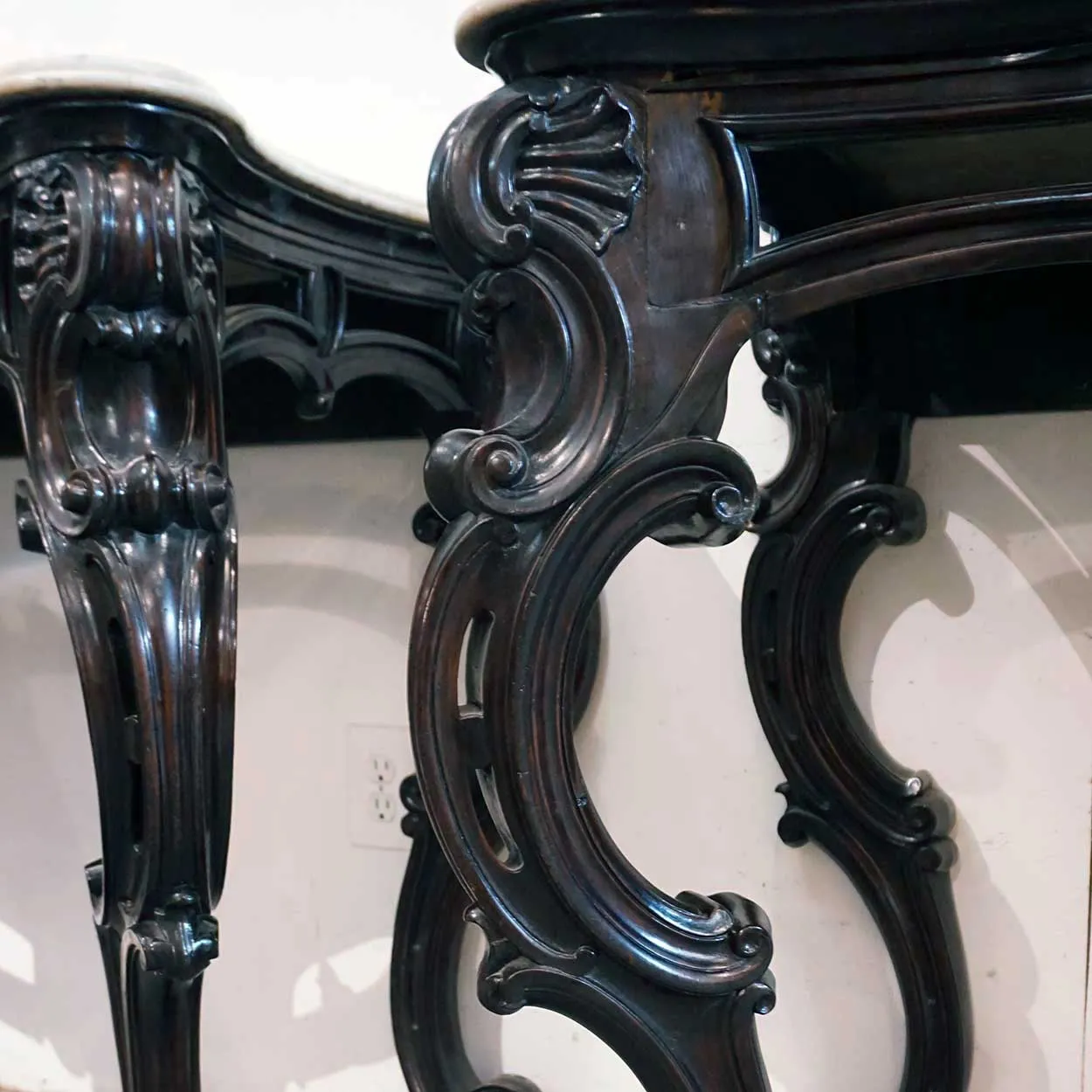 Large Pair of Anglo Indian Rococo Style Marble Top Mahogany Console Tables