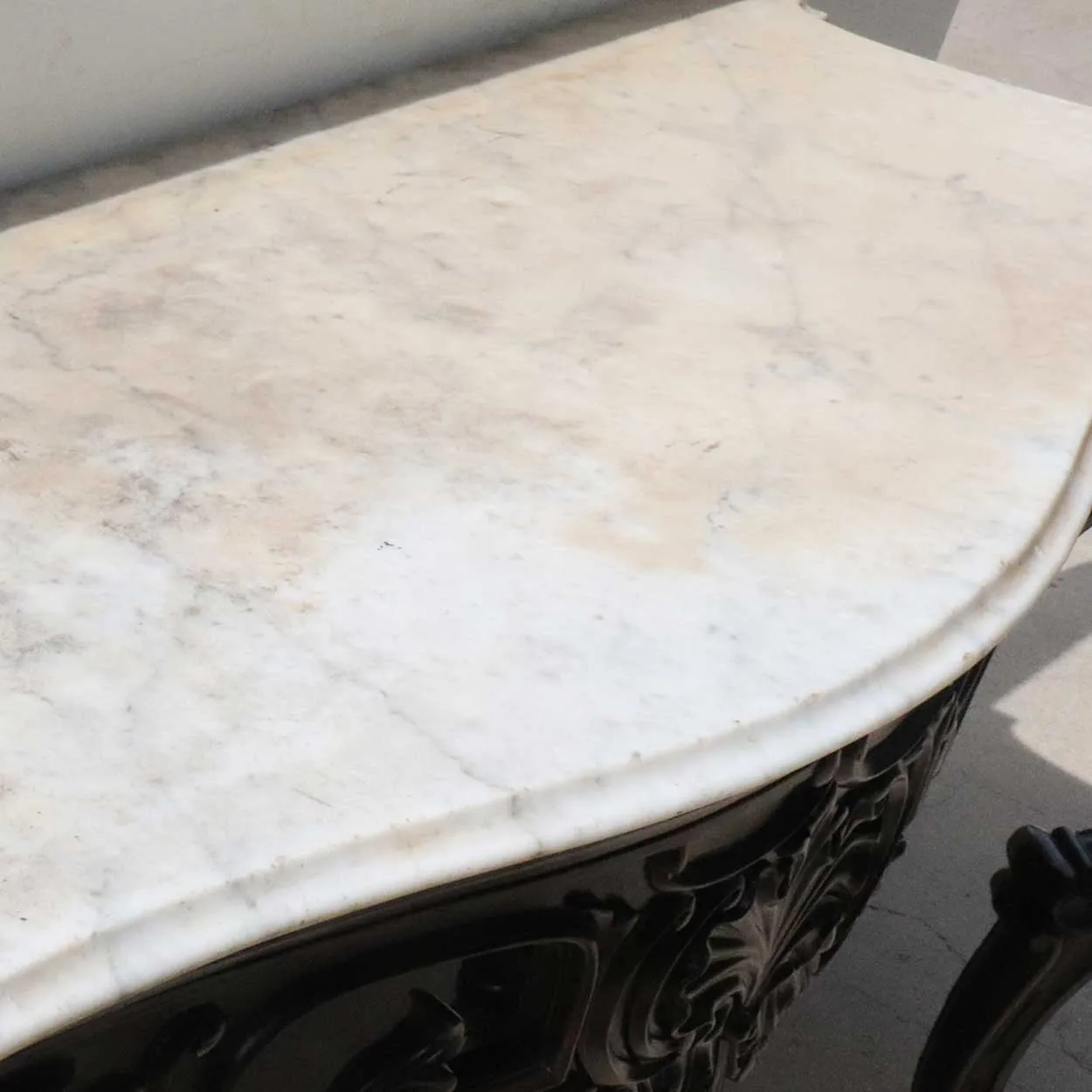 Large Pair of Anglo Indian Rococo Style Marble Top Mahogany Console Tables