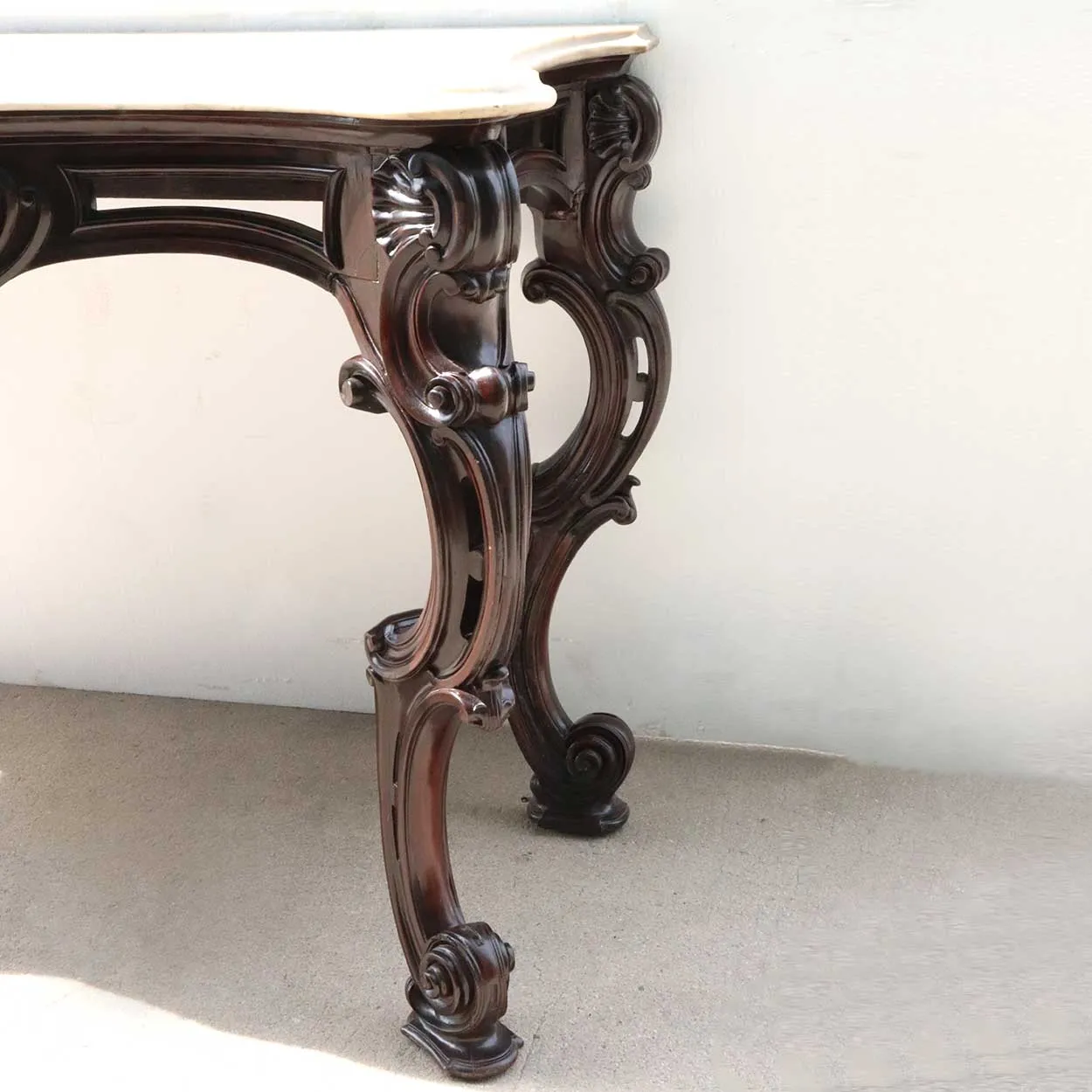 Large Pair of Anglo Indian Rococo Style Marble Top Mahogany Console Tables