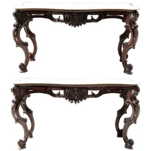 Large Pair of Anglo Indian Rococo Style Marble Top Mahogany Console Tables
