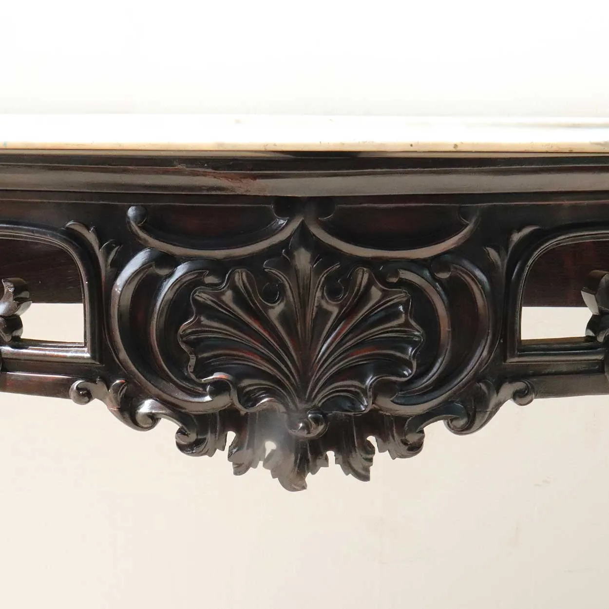 Large Pair of Anglo Indian Rococo Style Marble Top Mahogany Console Tables