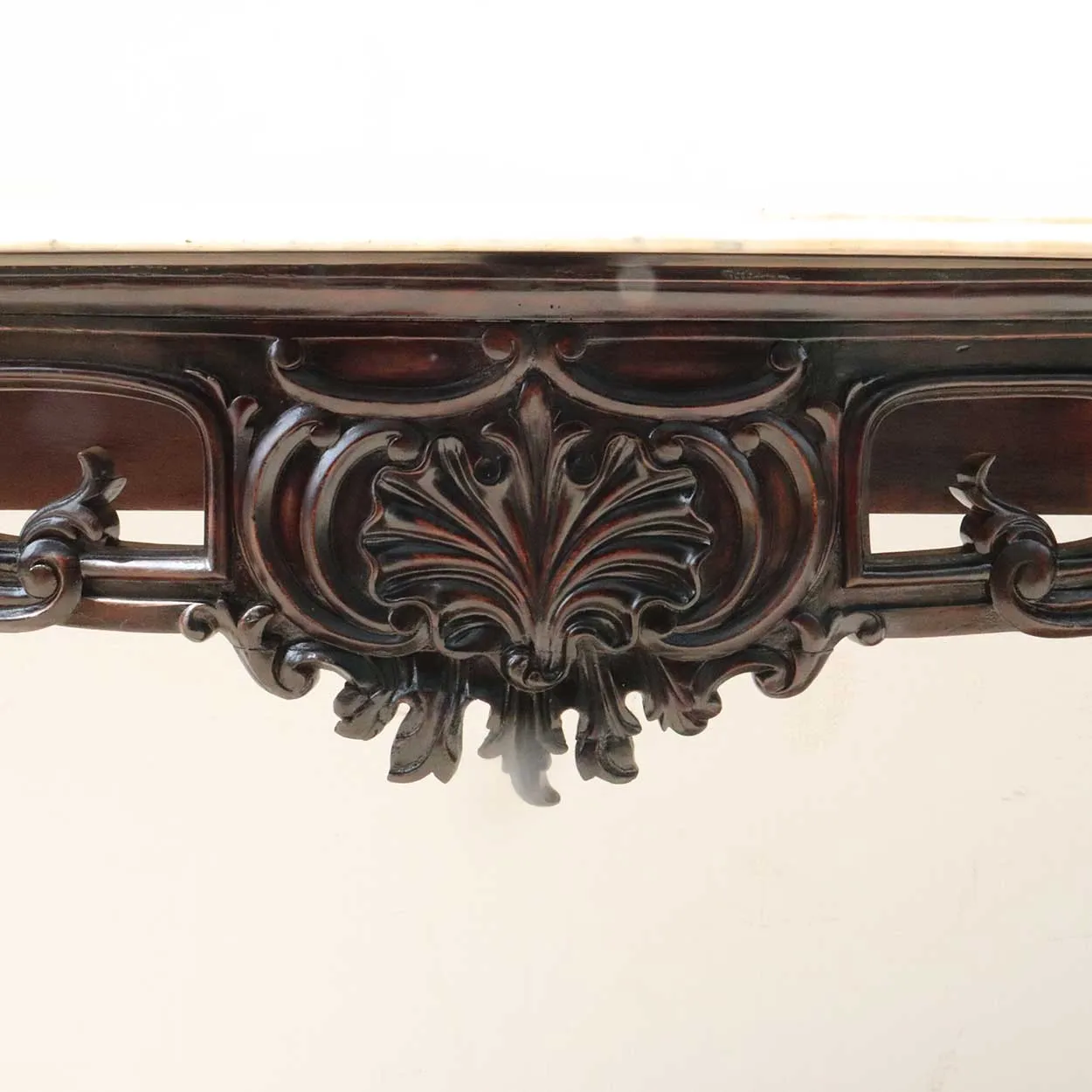 Large Pair of Anglo Indian Rococo Style Marble Top Mahogany Console Tables