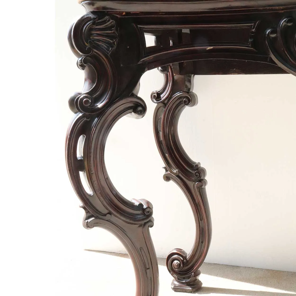 Large Pair of Anglo Indian Rococo Style Marble Top Mahogany Console Tables